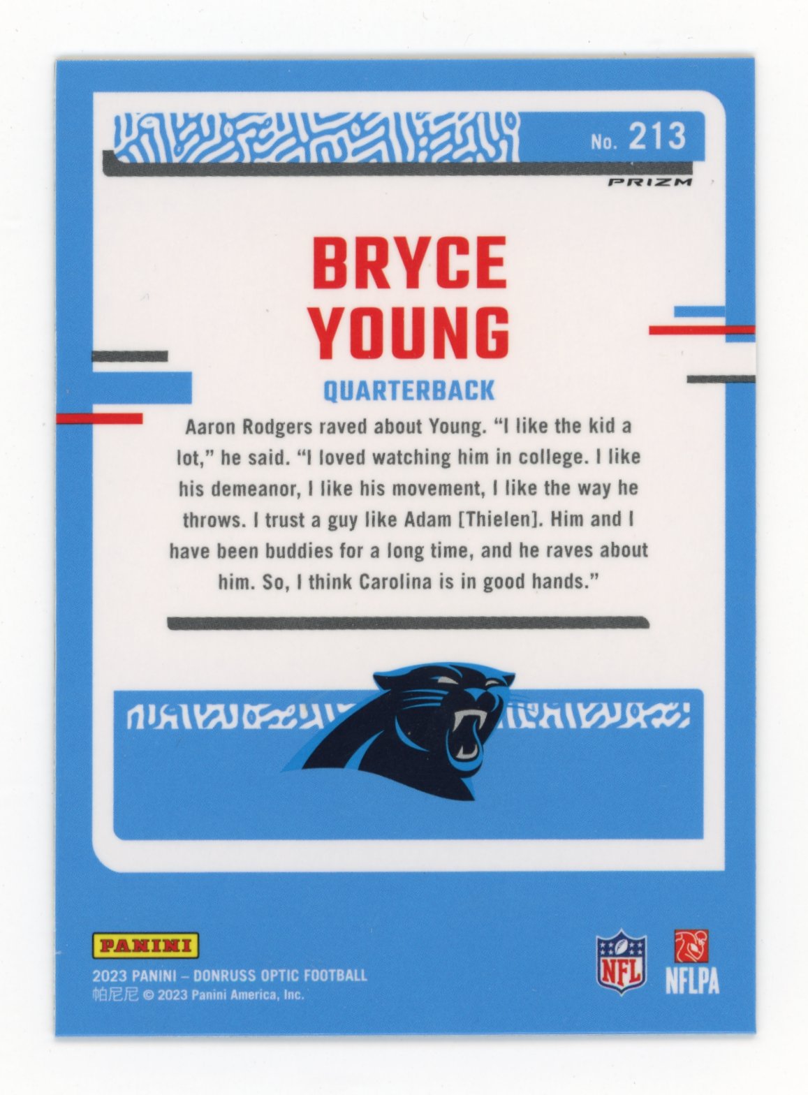 2023 Panini Donruss Optic Rated Rookie Bryce Young RC #213 - Purple Shock Panthers
