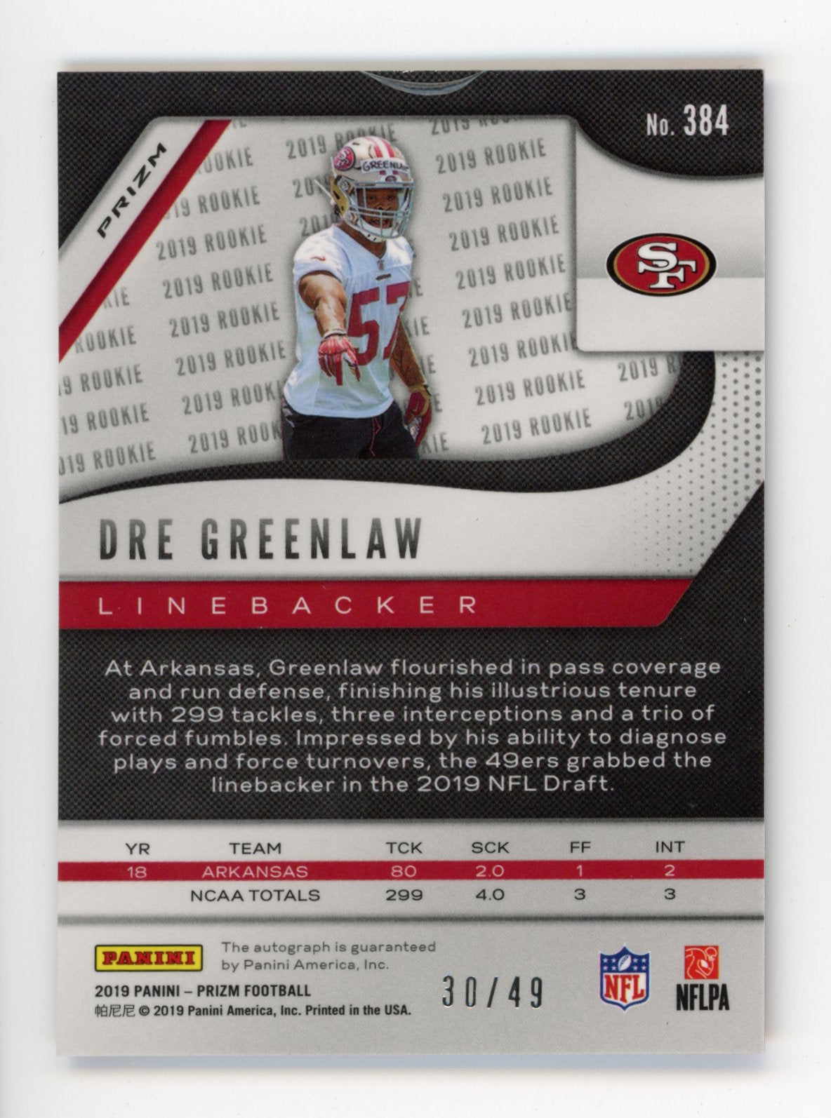 2019 Panini Prizm Dre Greenlaw RC #384 - #/49 Pink Mosaic Auto 49ers