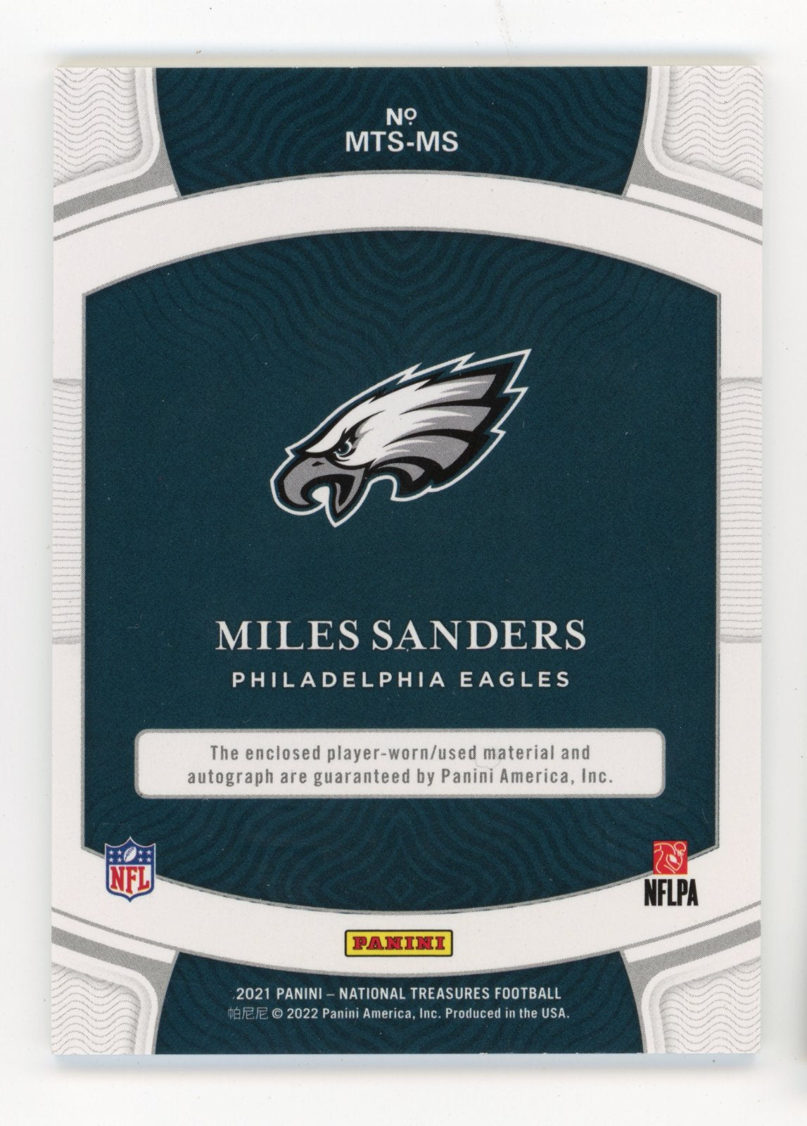 2021 Panini National Treasures Material Treasures Miles Sanders #MTS-MS - #/49 Jersey Auto Eagles
