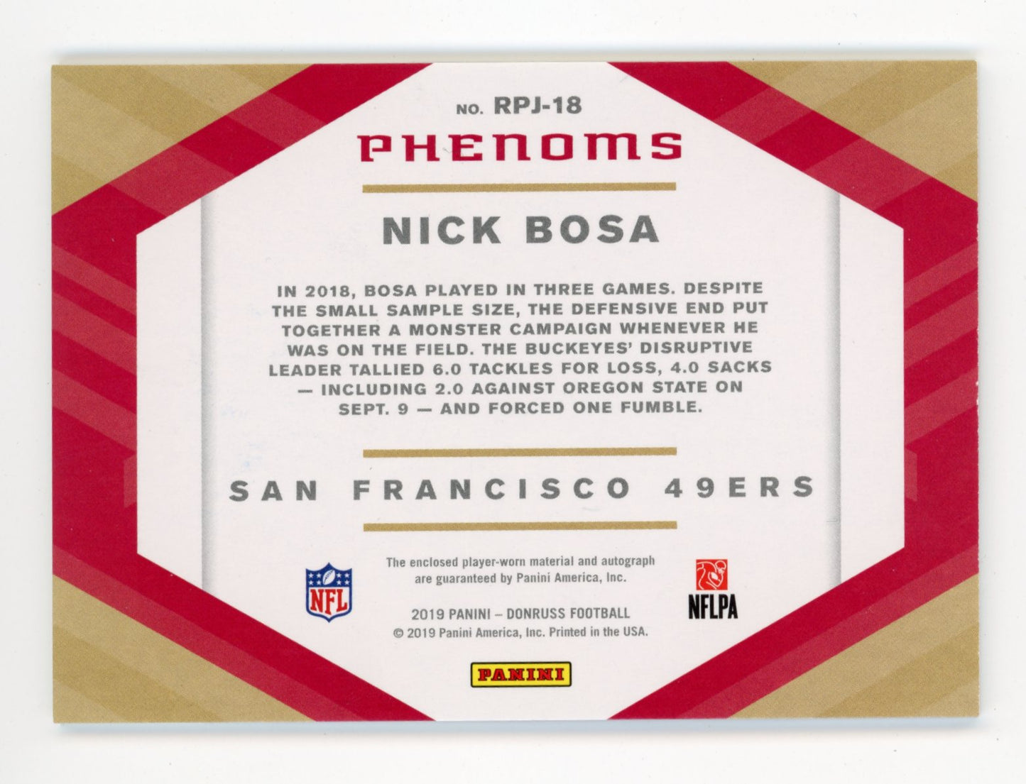 2019 Panini Donruss Rookie Phenoms Nick Bosa #RPJ-18 - #/99 Jersey Auto 49ers