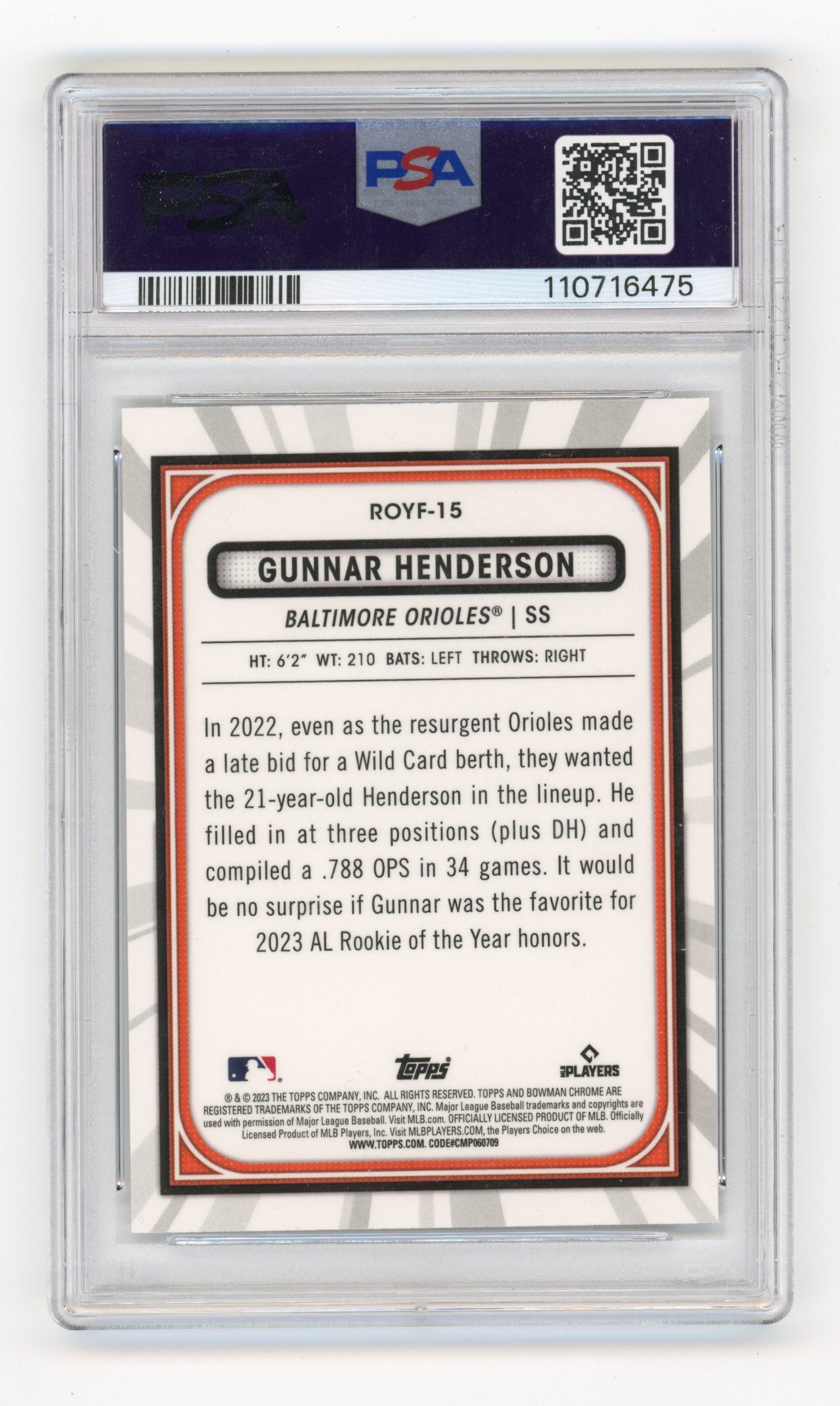 2023 Topps Bowman Chrome Gunnar Henderson Rookie #ROYF15 - PSA 8 Orioles