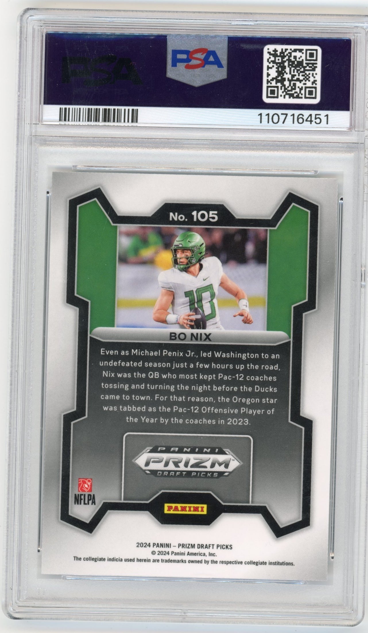 2024 Panini Prizm Draft Picks Bo Nix Rookie #105 - PSA 10 Ducks Broncos