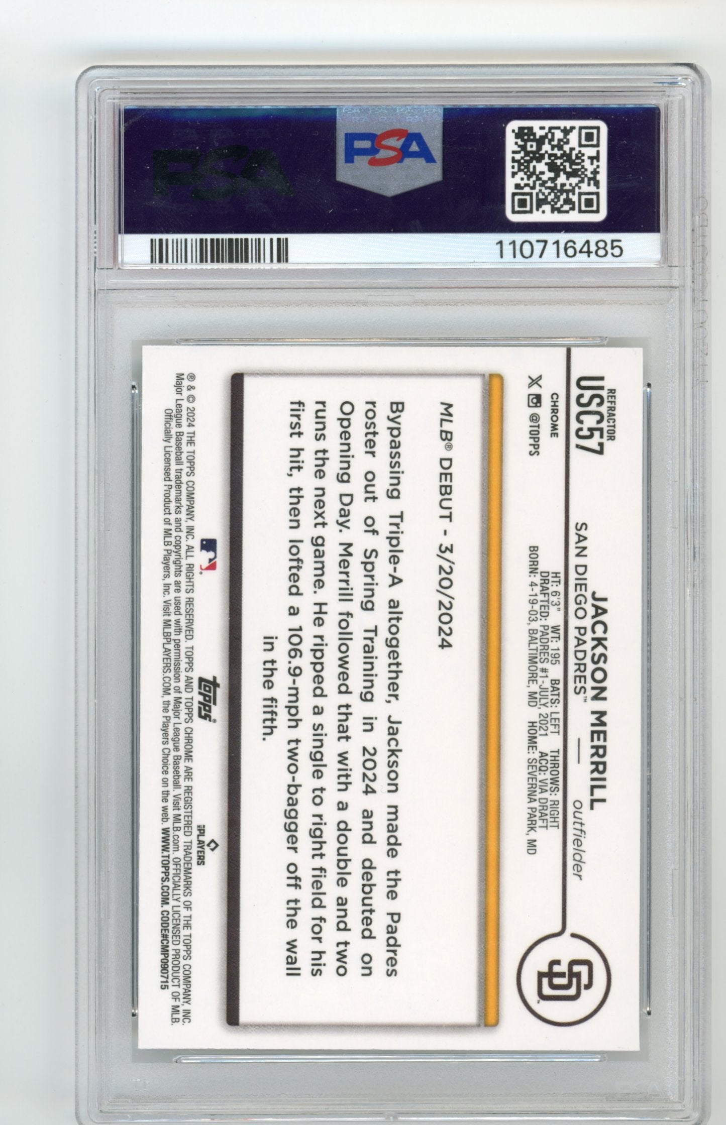 2024 Topps Chrome Jackson Merrill Rookie #USC57 - PSA 10 Prism Refractor Padres