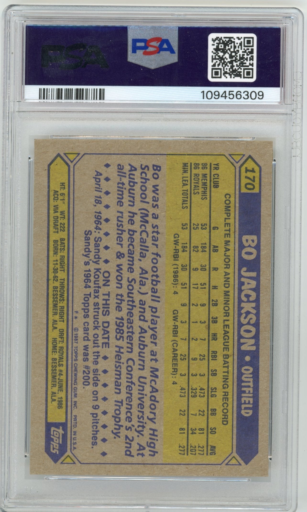 1987 Topps Bo Jackson Future Stars #170 - PSA 9 Royals
