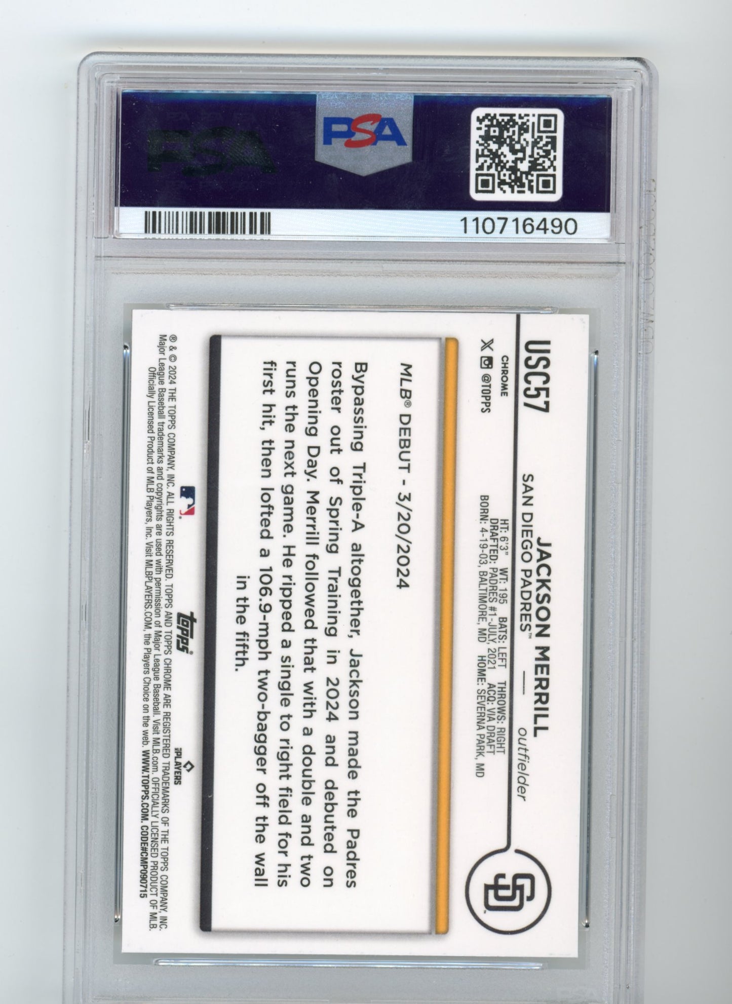 2024 Topps Chrome Jackson Merrill Rookie Debut RC #USC-57 - PSA 10 Padres
