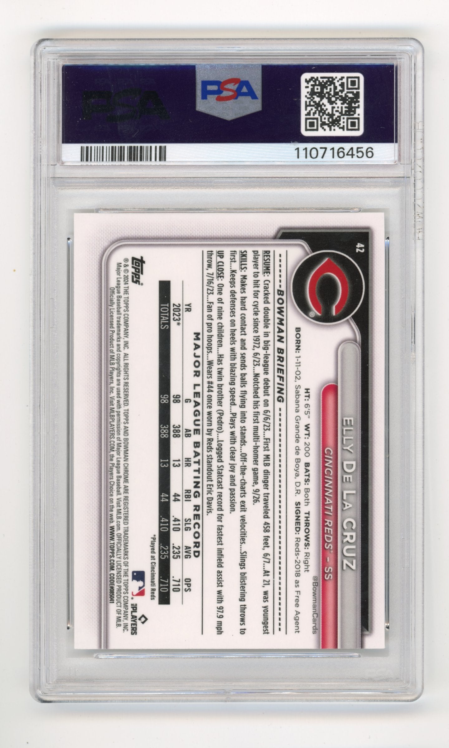2024 Topps Bowman Chrome Elly De La Cruz RC #42 - PSA 10 Reds