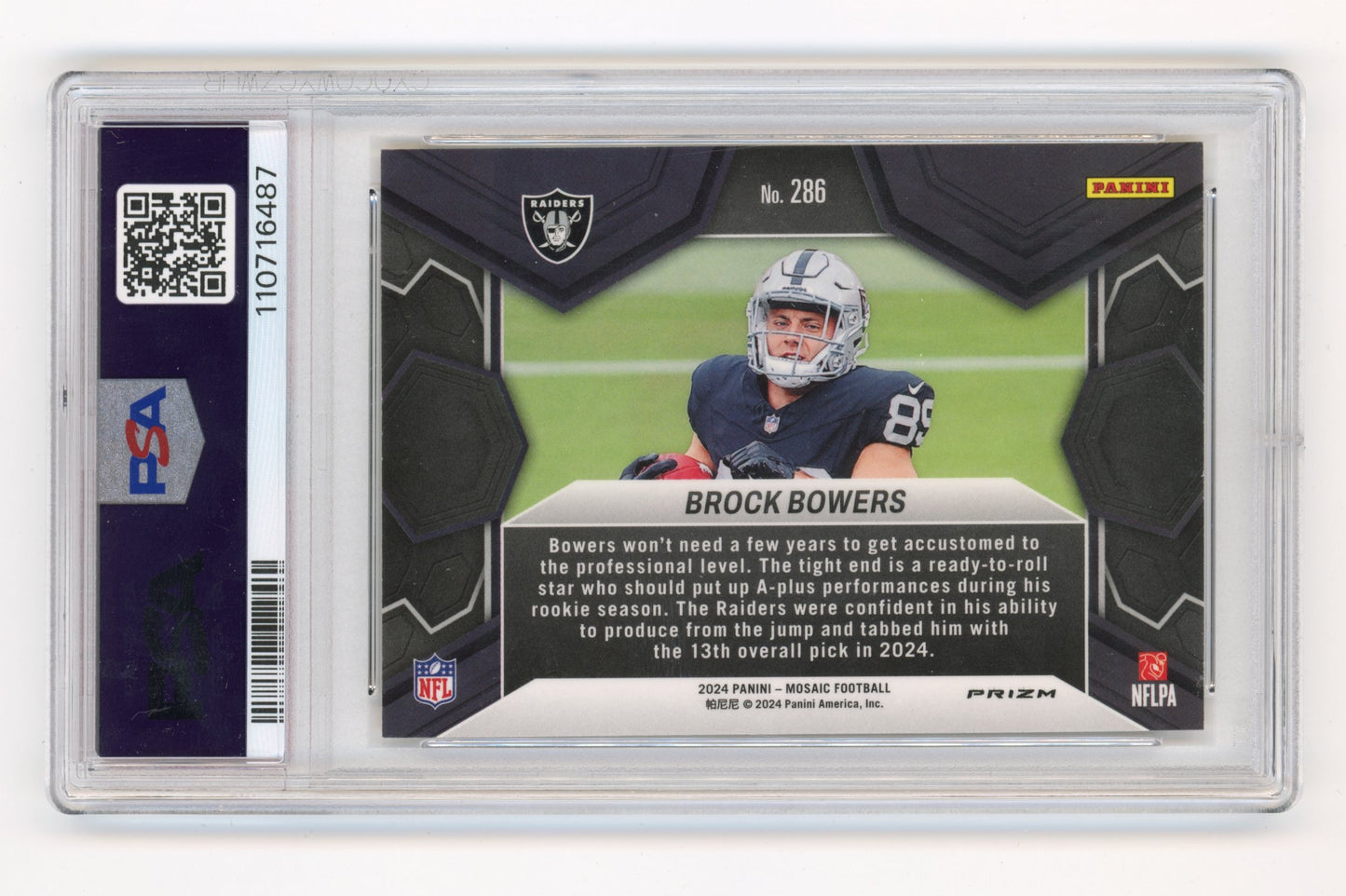 2024 Panini Mosaic Brock Bowers NFL Debut RC #286 - Reactive Yellow PSA 9 Raiders