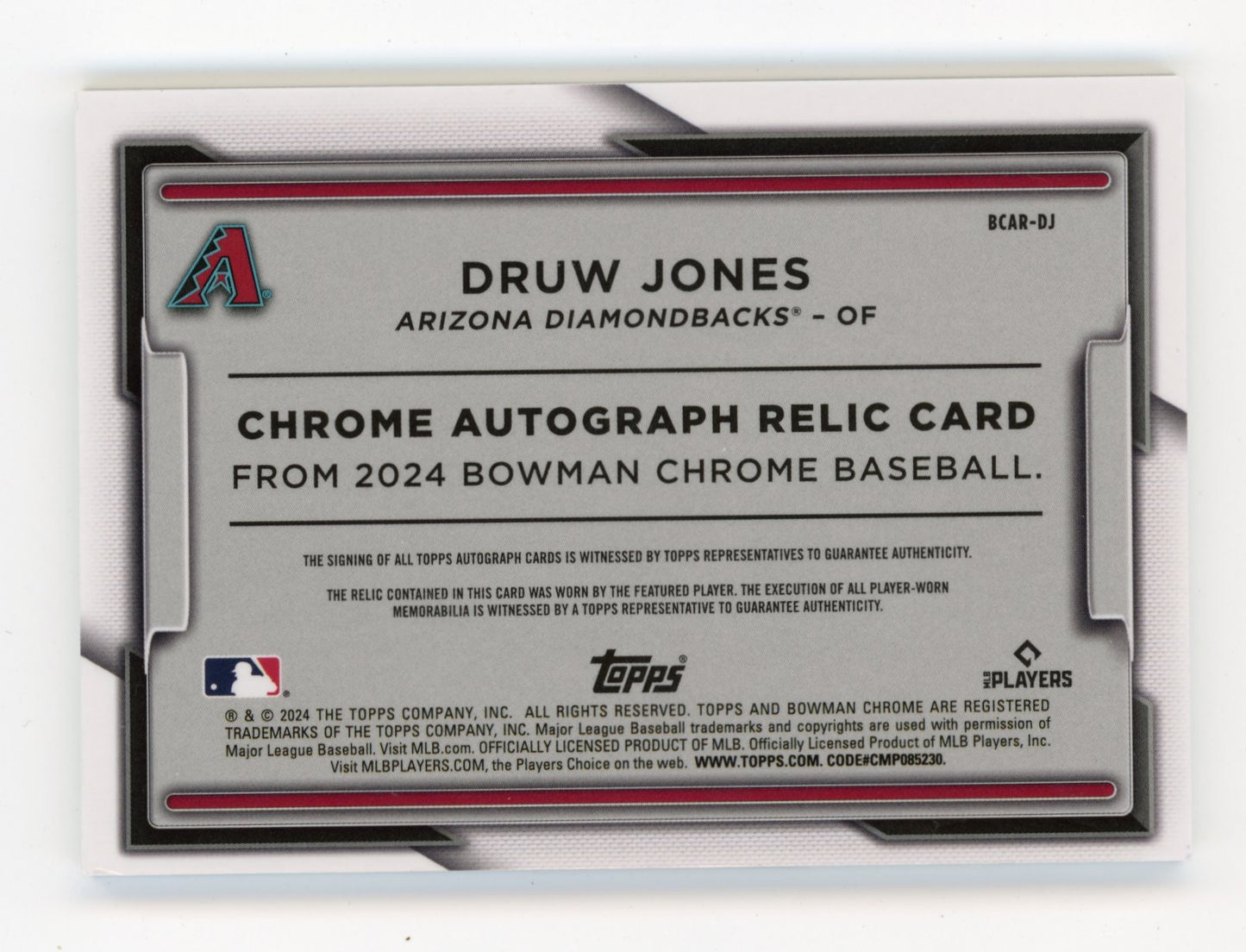 2024 Topps Bowman Chrome Druw Jones Rookie BCAR-DJ - Autograph Patch #/150 Diamondbacks