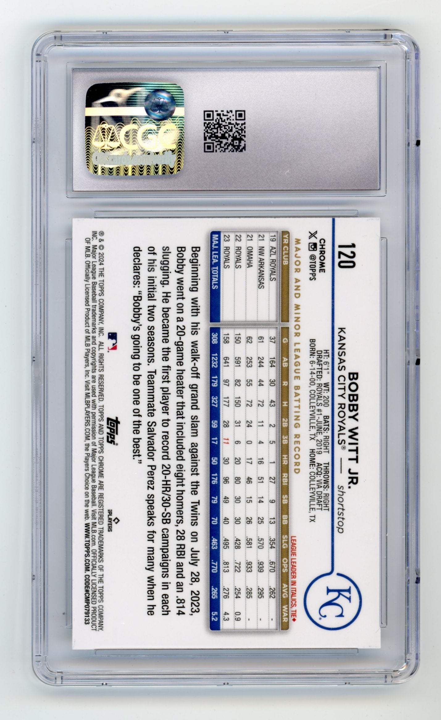 2024 Topps Chrome Bobby Witt Jr. #120 - Logofractor CGC 10 Royals