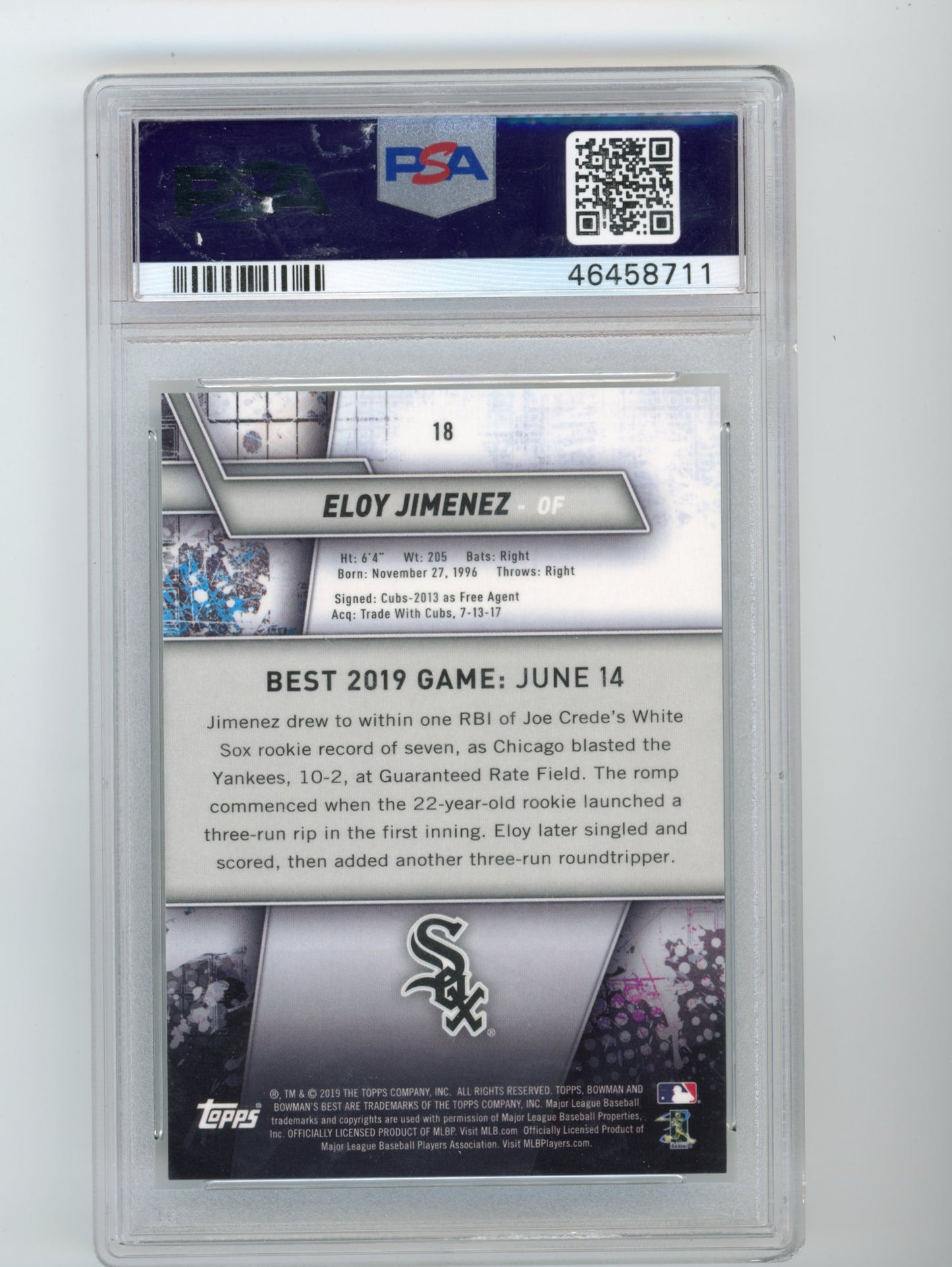 2019 Topps Bowman's Best Eloy Jimenez Rookie #18 - PSA 10 #/50 Gold White Sox