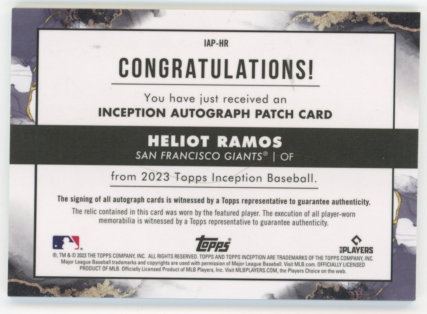 2023 Topps Inception Heliot Ramos #IAP-HR - Autograph Relic #/149 Giants