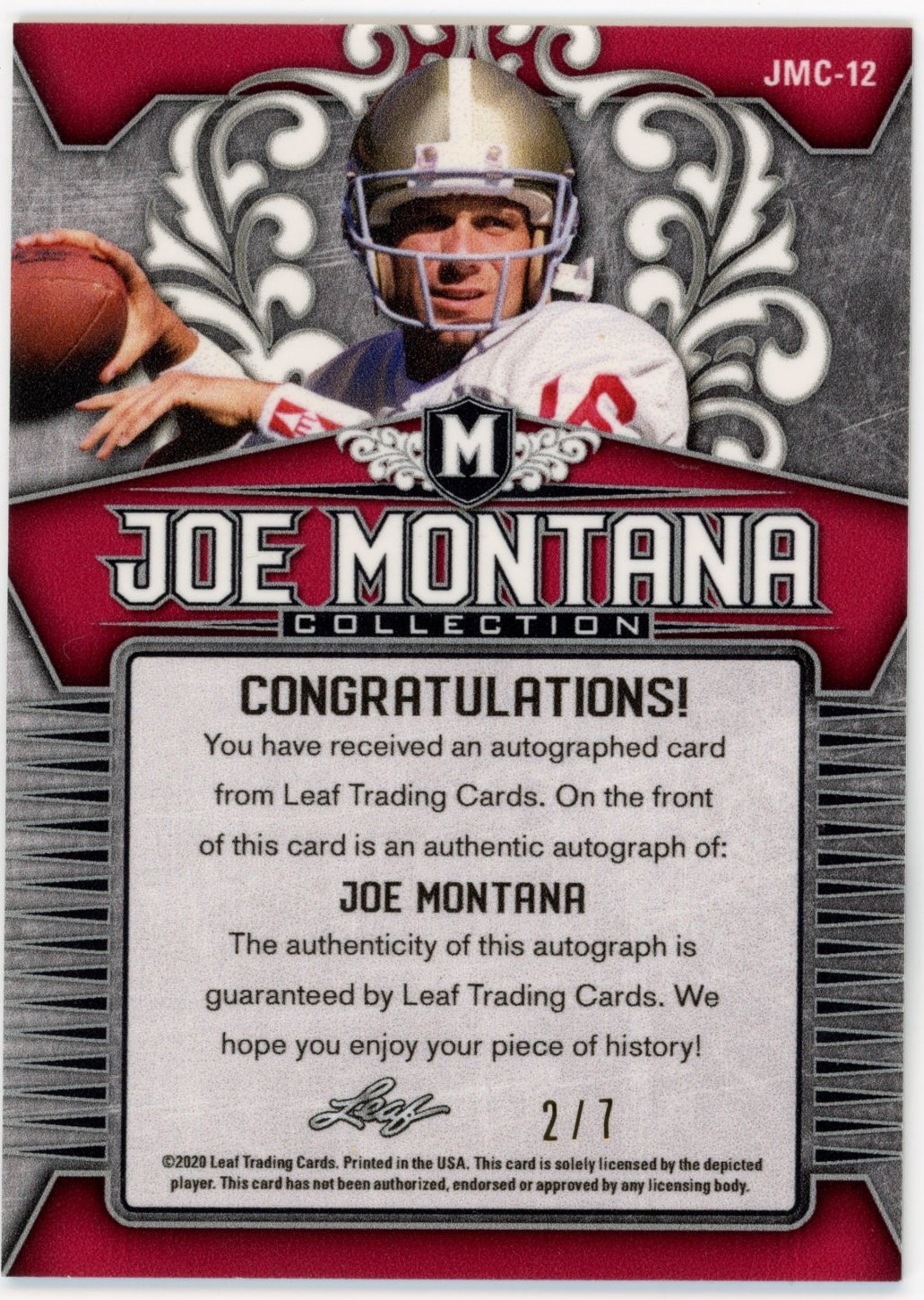 2020 Leaf Joe Montana #JMC-12 - Autograph Purple #/7 49ers