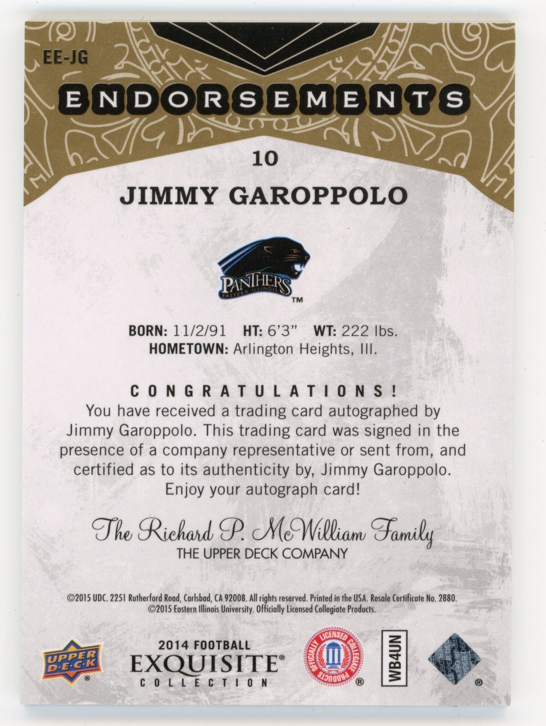 2014 Upper Deck Exquisite Jimmy Garoppolo Endorsements #EE-JG - Autograph #/40 Panthers