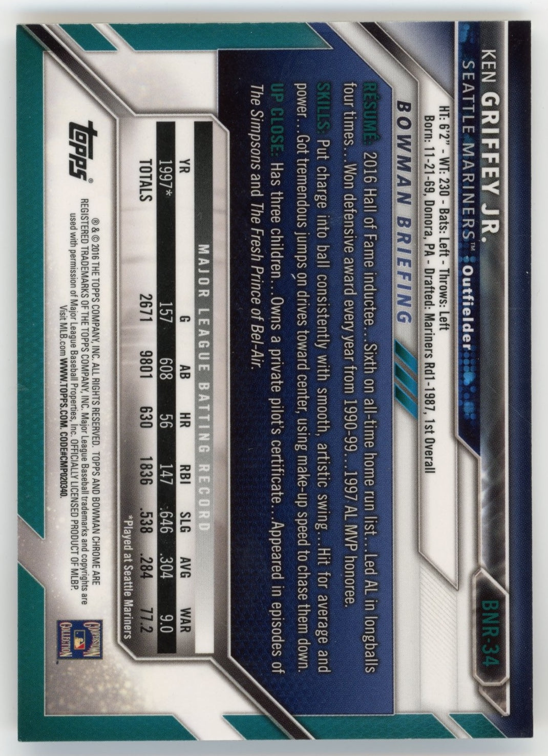 2016 Topps Bowman Chrome Ken Griffey Jr. #BNR-34 - Mariners