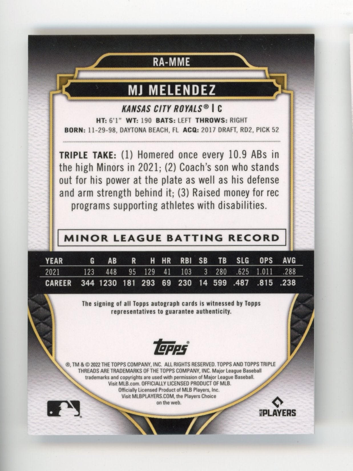 2022 Topps Triple Threads MJ Melendez RC #RA-MME - Autograph #/99 Royals