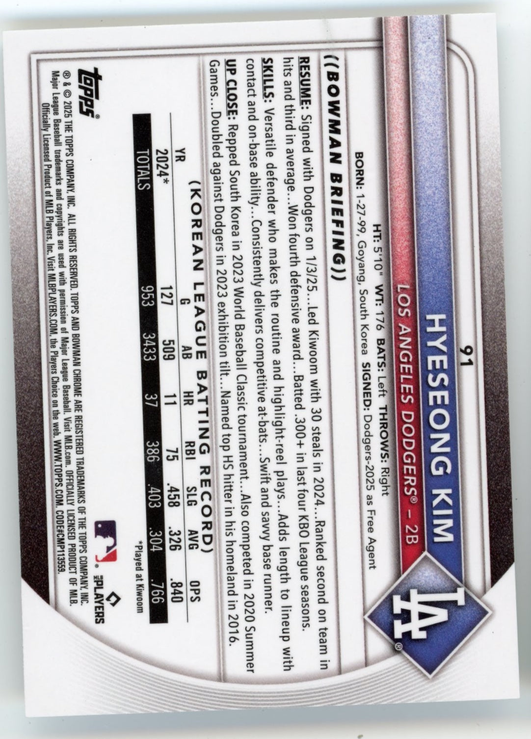 2025 Topps Bowman Chrome Hyeseong Kim RC #91 - Refractor Dodgers