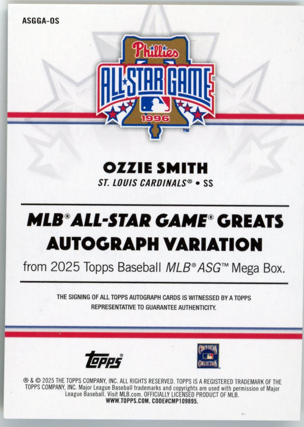 2025 Topps Ozzie Smith All-Star Game Greats #ASGGA-OS - Autograph #/10 Cardinals