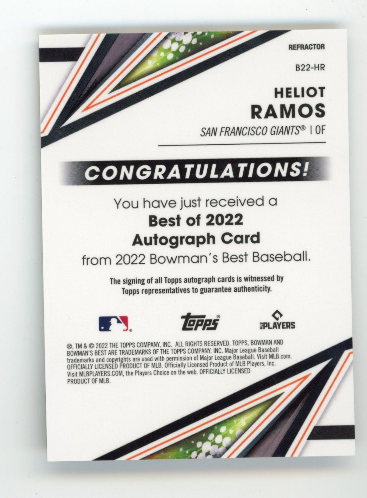 2022 Topps Bowman's Best Heliot Ramos RC #B22-HR - Refractor Autograph Giants