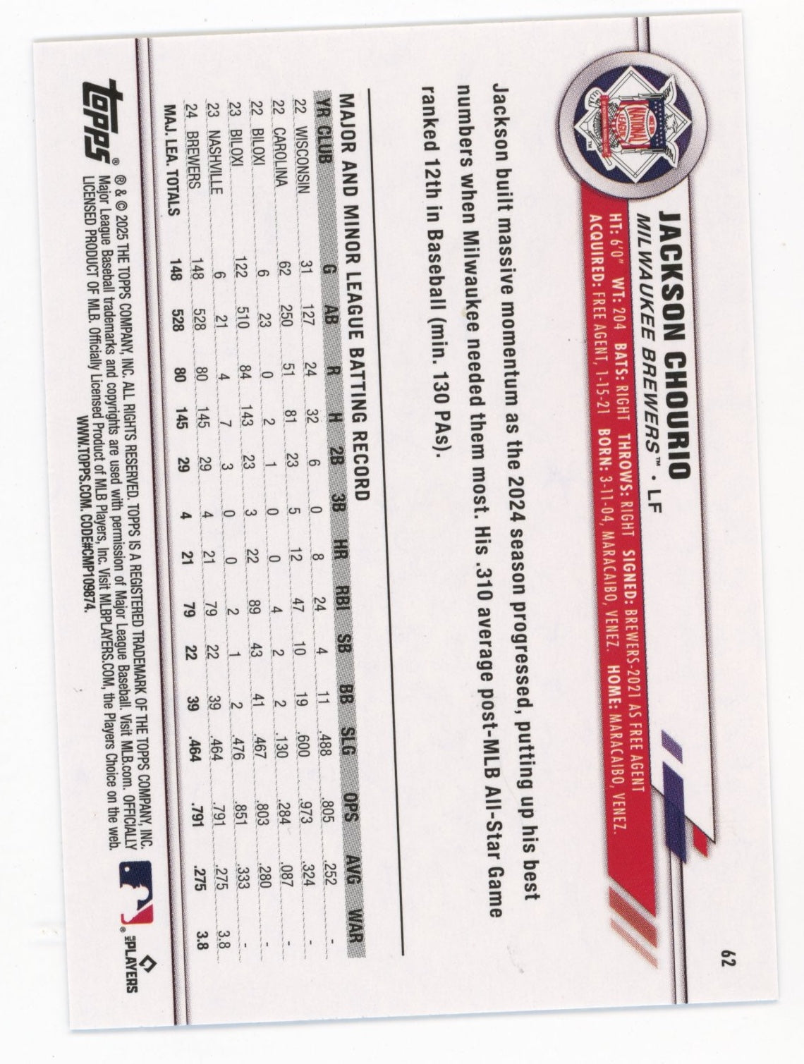 2025 Topps Jackson Chourio #62 - All Star Game Blue #/150 Brewers
