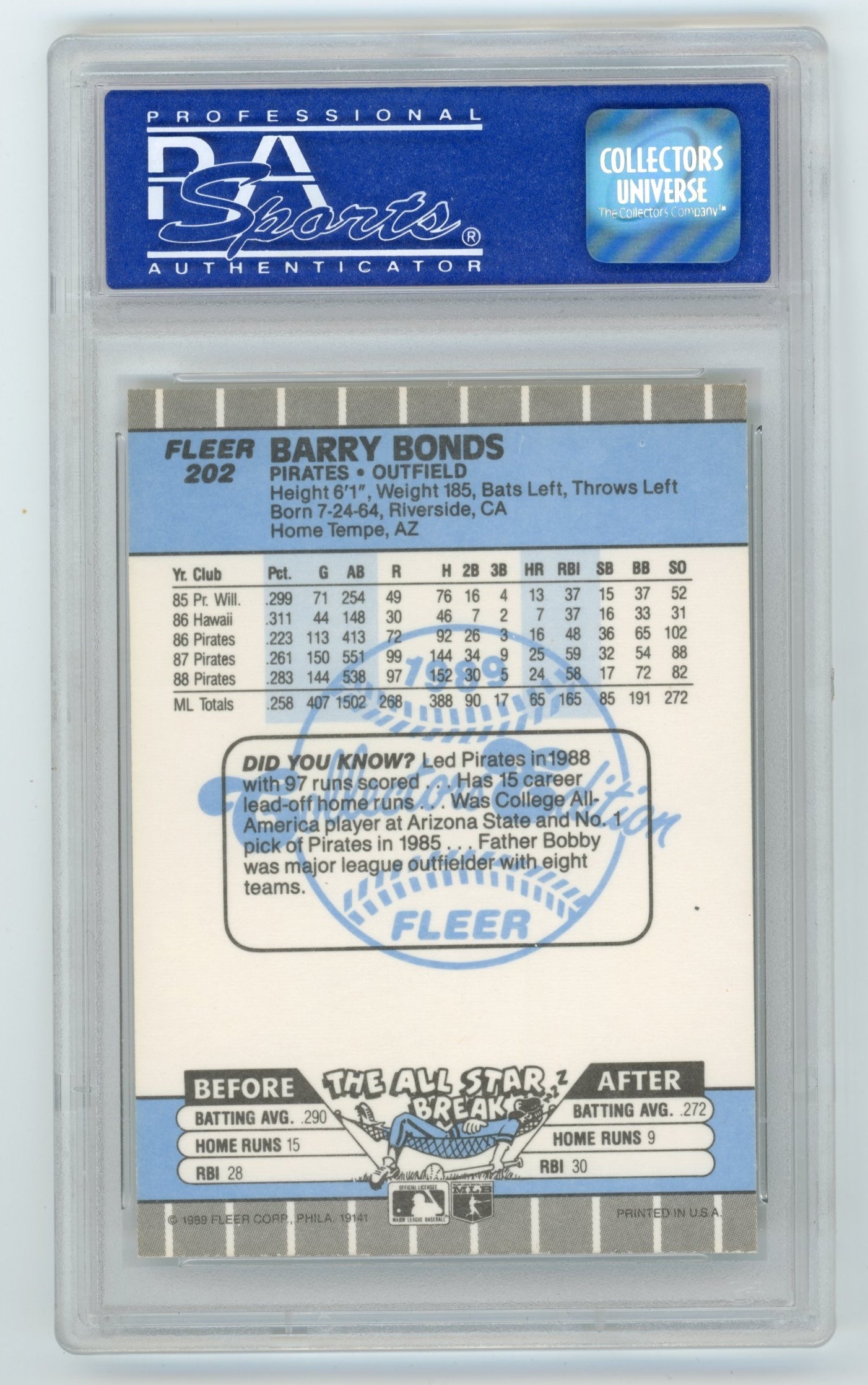 1989 Fleer Barry Bonds #202 - PSA 9 Pirates