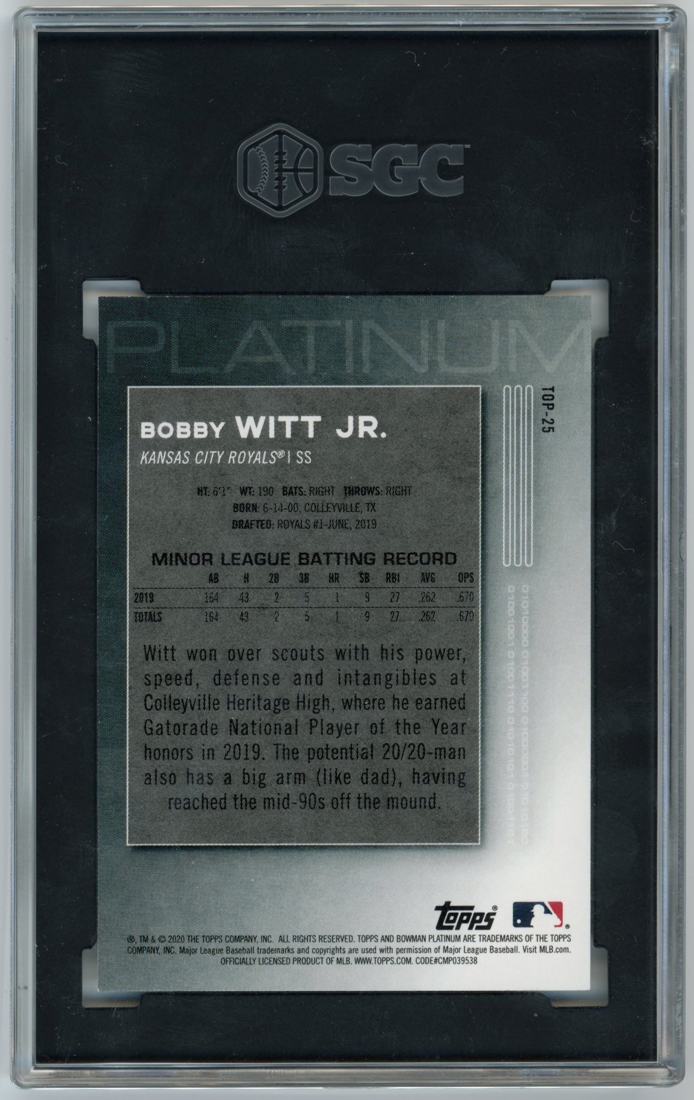 2020 Topps Bowman Platinum Bobby Witt Jr. #TOP-25 - Ice SGC 9 Royals