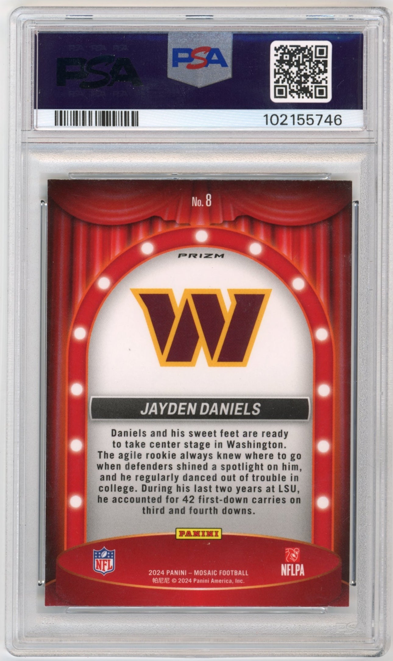 2024 Panini Mosaic Jayden Daniels Center Stage RC #8 - PSA 9 Silver Commanders
