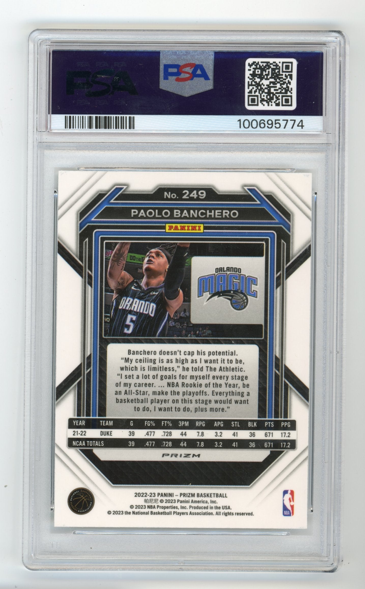 2022 Panini Prizm Paolo Banchero RC #249 - PSA 9 Silver Magic
