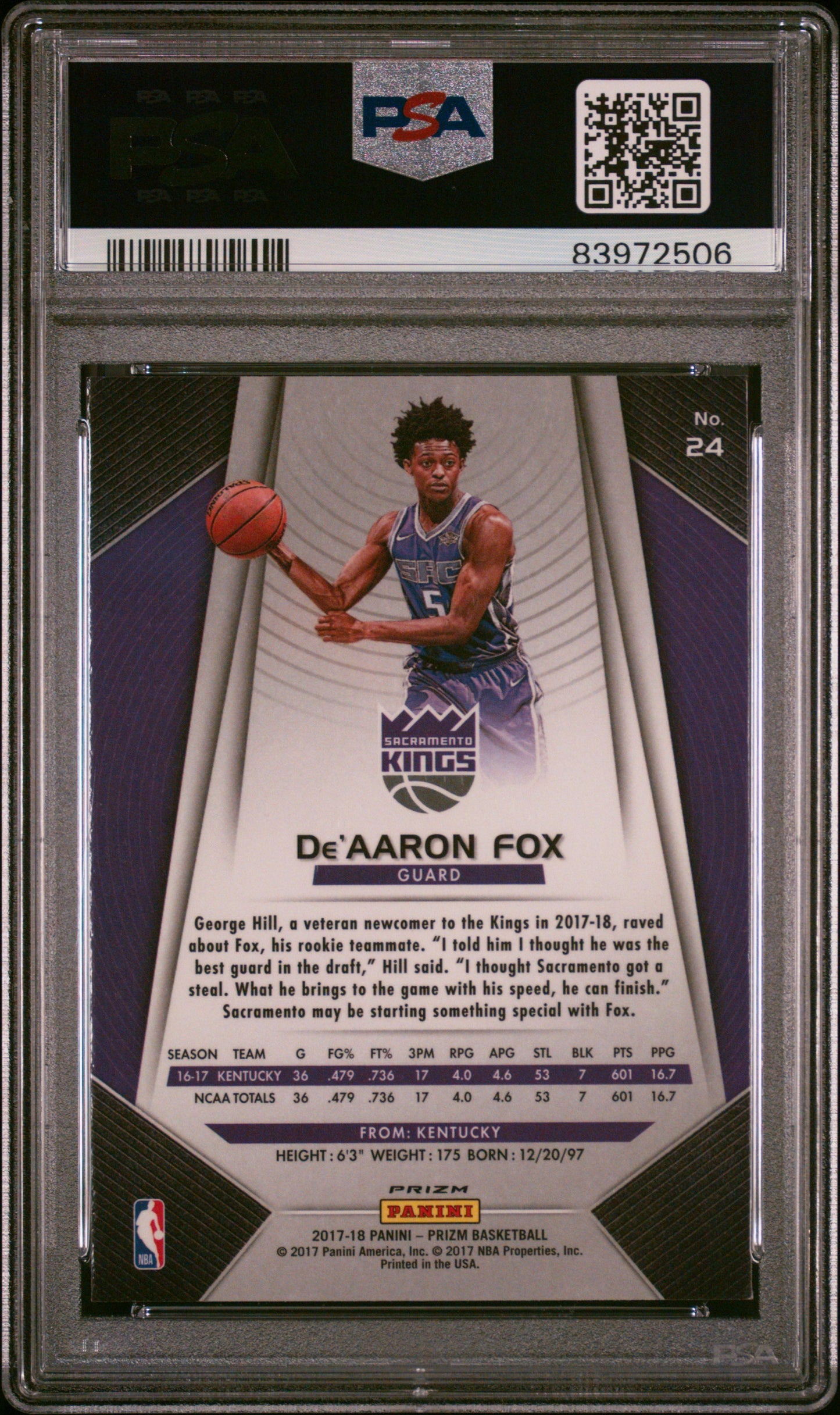 2017 Panini Prizm De'Aaron Fox #24 Silver Prizm PSA 9 Kings
