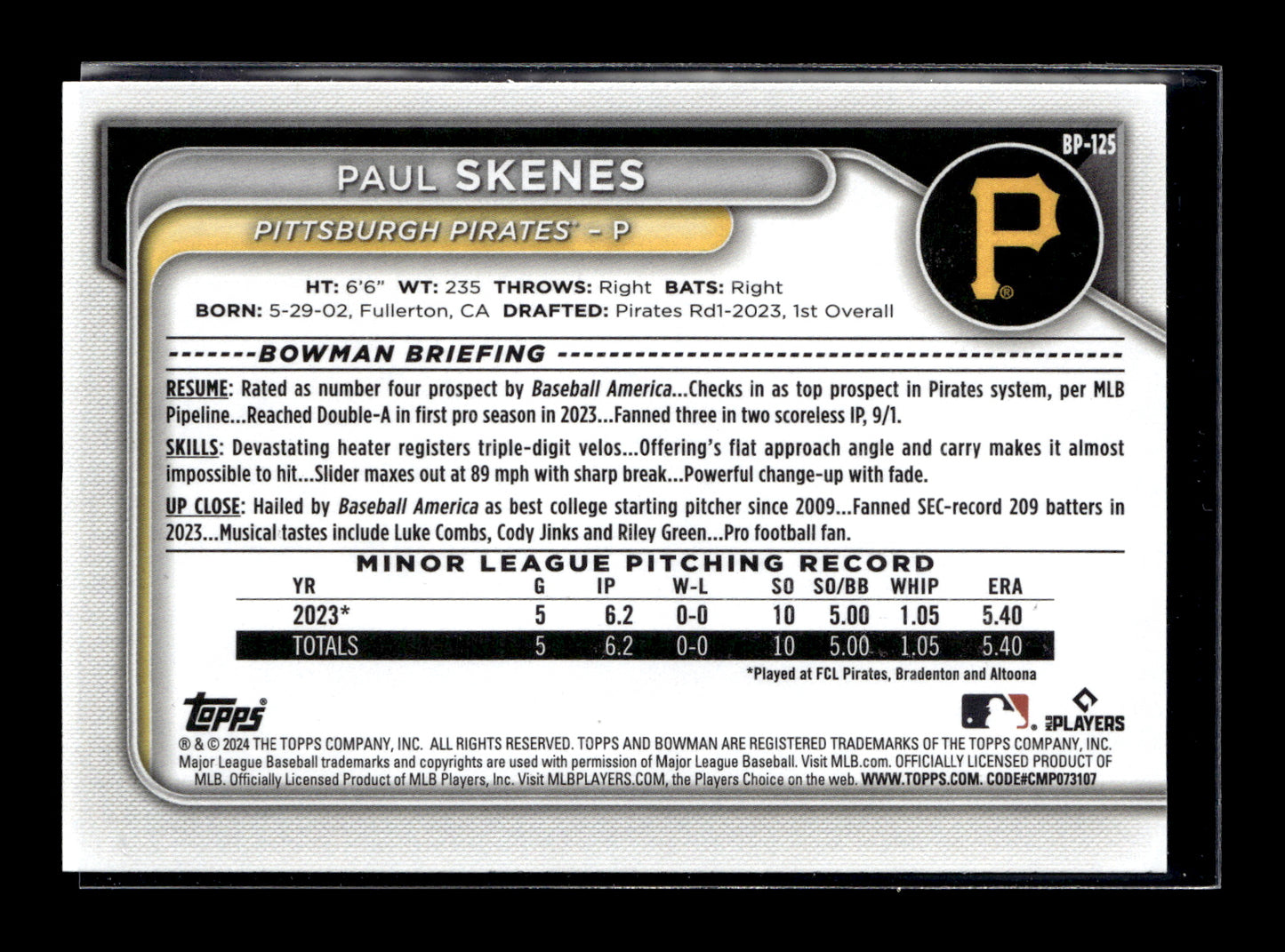 2024 Bowman Paul Skenes #BP-125 Prospects Pittsburgh Pirates