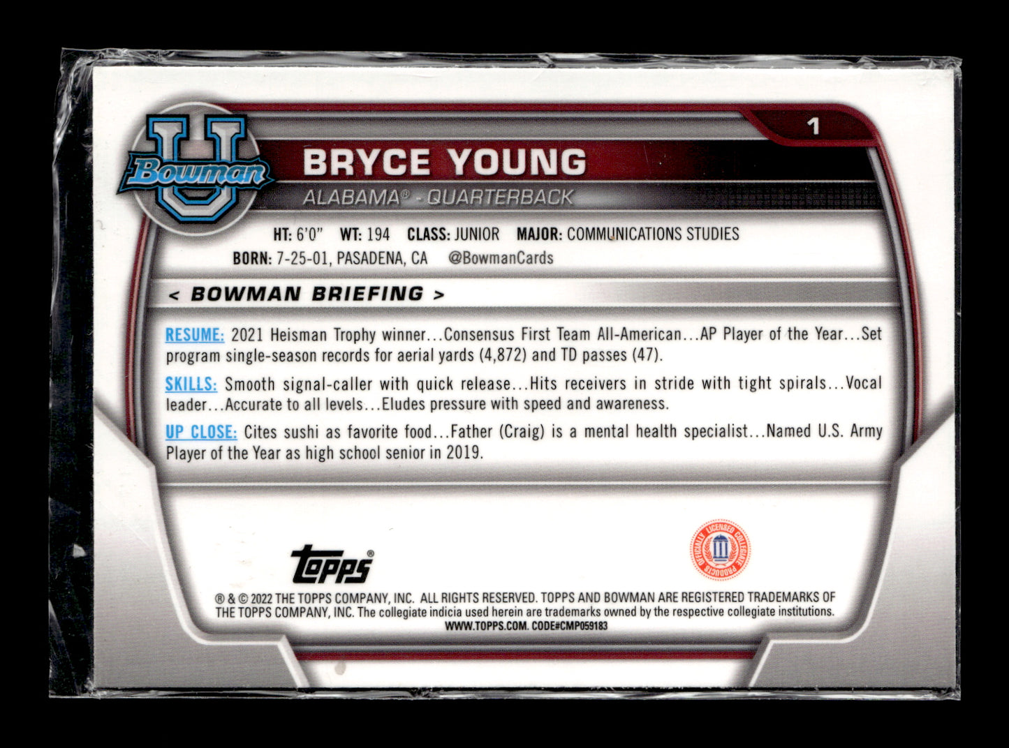 2022 Bowman University Chrome Bryce Young #1 Alabama Crimson Tide