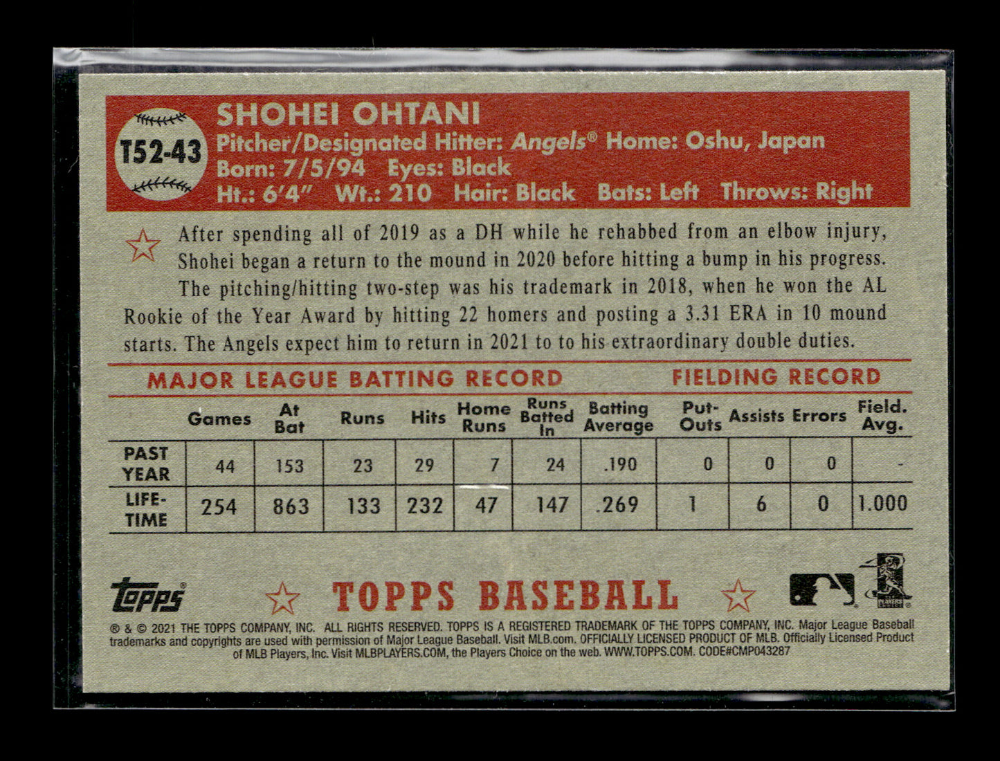 2021 Topps Shohei Ohtani #T52-43 1952 Topps Redux Los Angeles Angels