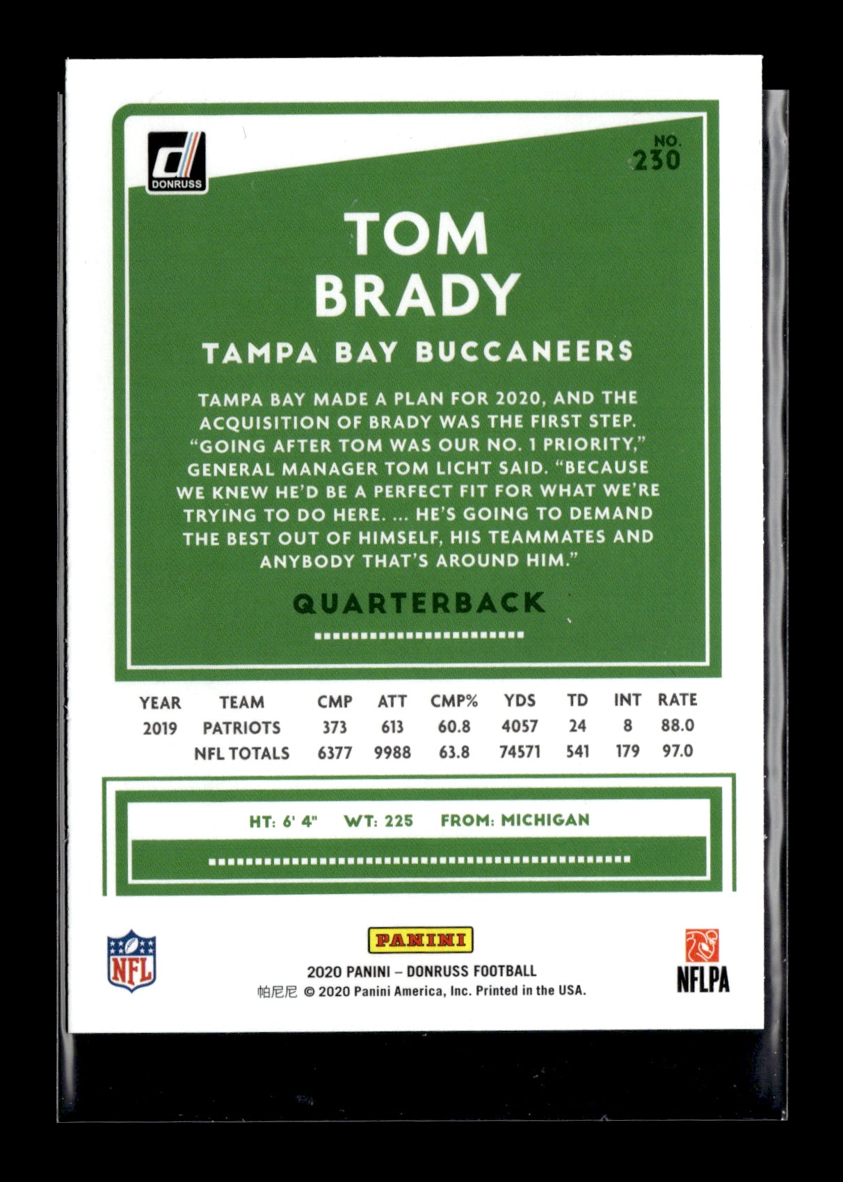 2020 Donruss Tom Brady #230 Tampa Bay Buccaneers