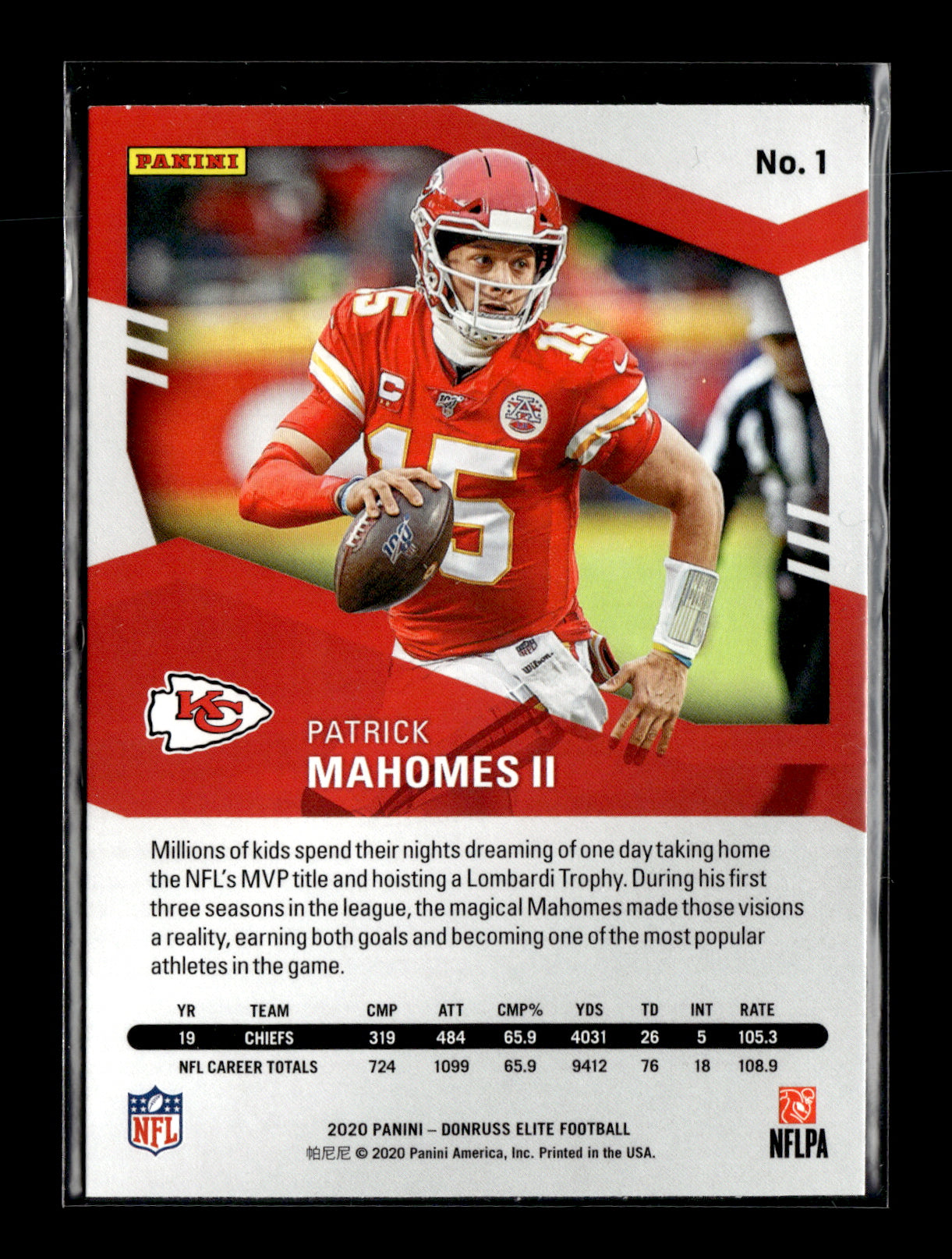 2020 Donruss Elite Patrick Mahomes II #1 Kansas City Chiefs