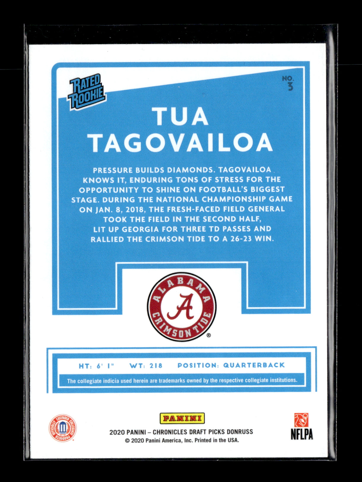 2020 Panini Chronicles Draft Picks Tua Tagovailoa #3 Donruss Rated Rookies Draft Picks Alabama Crimson Tide