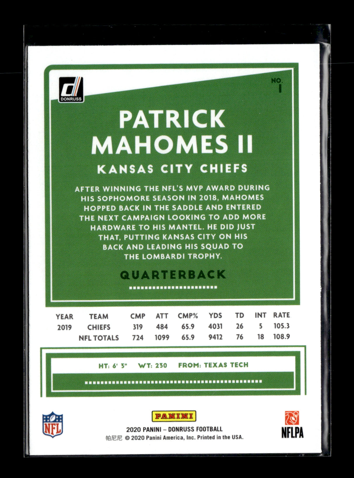 2020 Donruss Patrick Mahomes II #1 Kansas City Chiefs