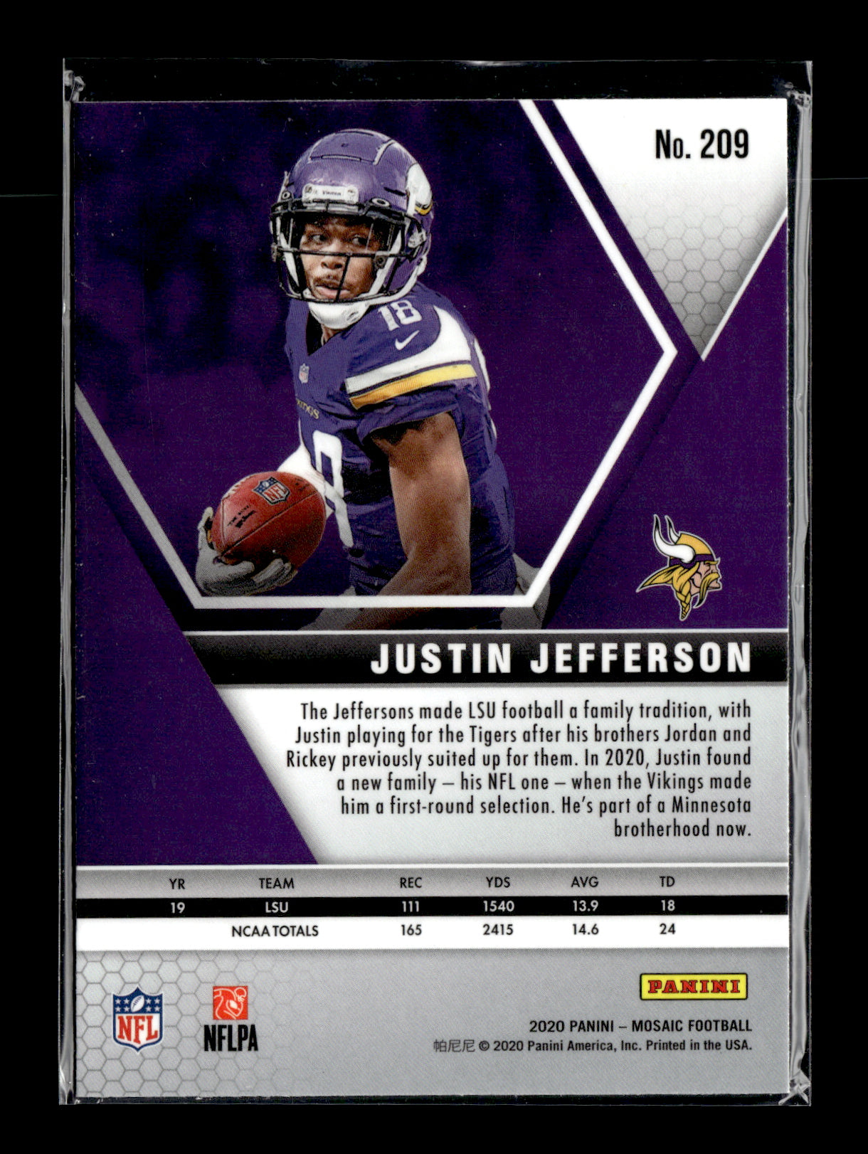 2020 Panini Mosaic Justin Jefferson #209 Minnesota Vikings