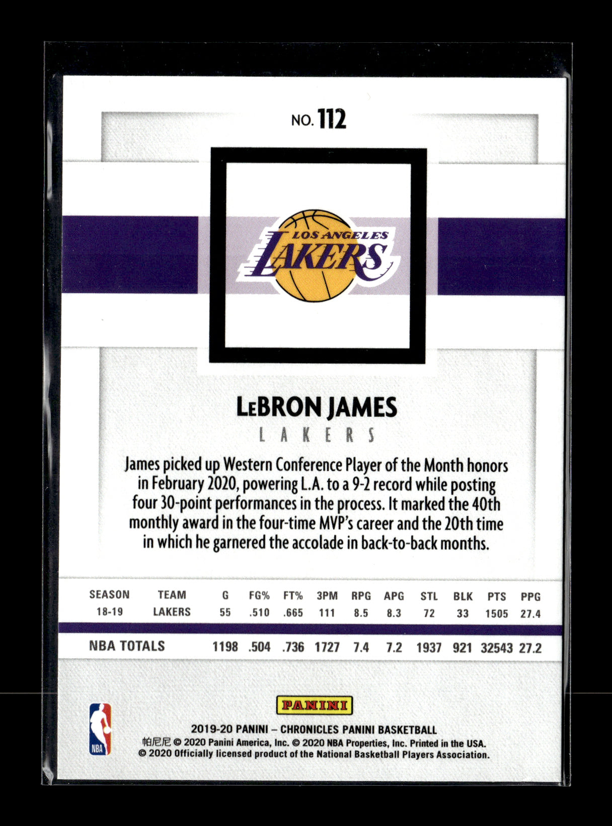 2019-20 Panini Chronicles LeBron James #112 Los Angeles Lakers