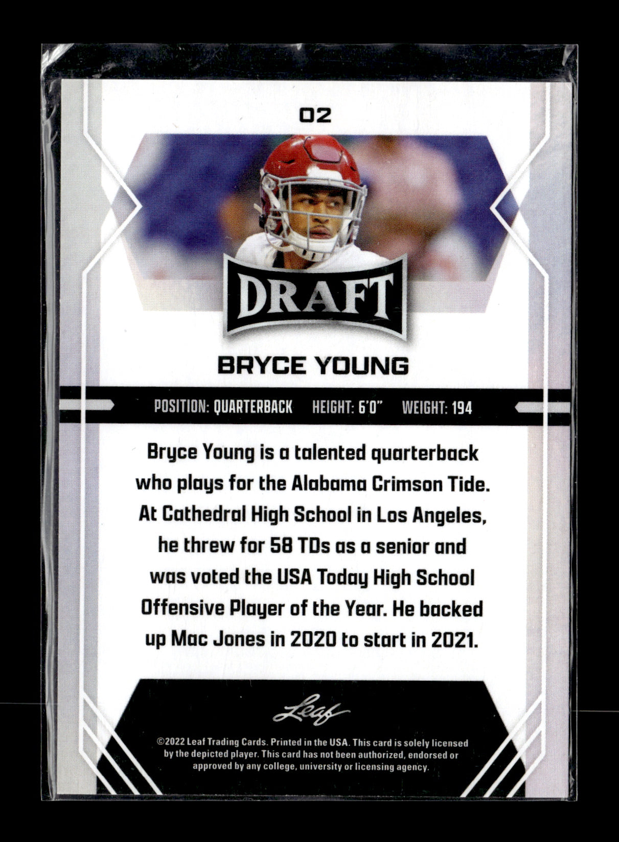 2022 Leaf Draft Bryce Young #02 Blue Alabama Crimson Tide