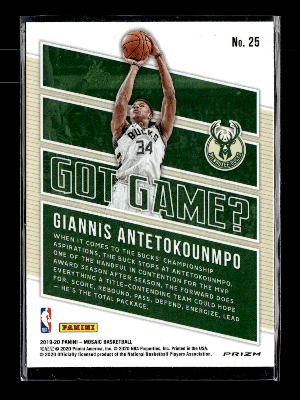 2019-20 Panini Mosaic Giannis Antetokounmpo #25 Got Game? Green Milwaukee Bucks