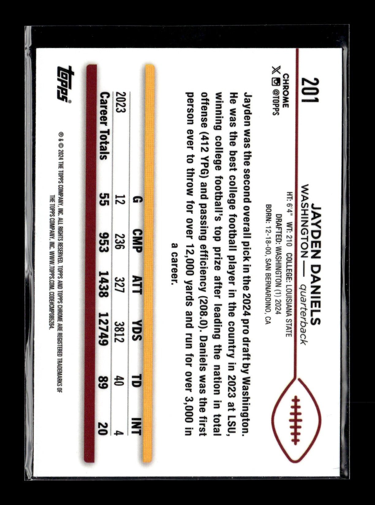 2024 Topps Chrome Jayden Daniels #201 Washington Commanders
