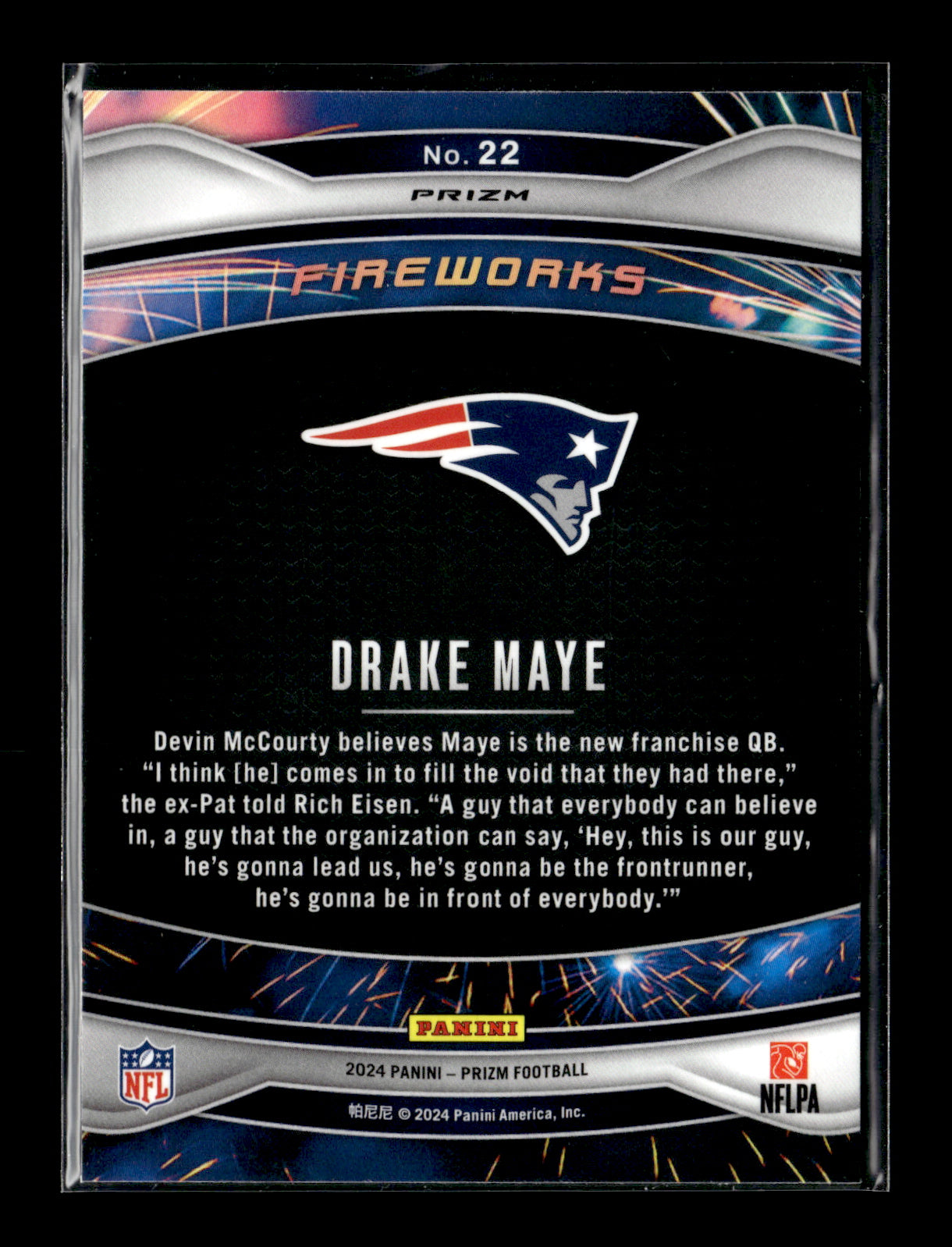 2024 Panini Prizm Drake Maye #22 Fireworks Green Ice Prizm New England Patriots