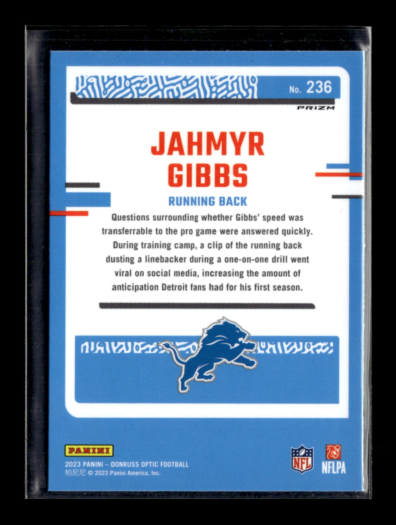 2023 Donruss Optic Jahmyr Gibbs #236 Purple Shock Detroit Lions