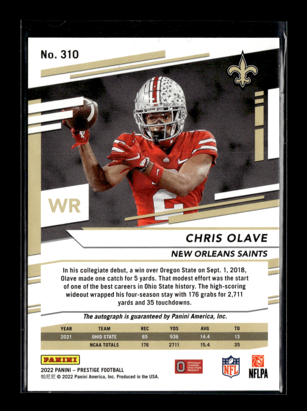 2022 Panini Prestige Chris Olave #310 Xtra Points Signatures Premium Red #/199 New Orleans Saints
