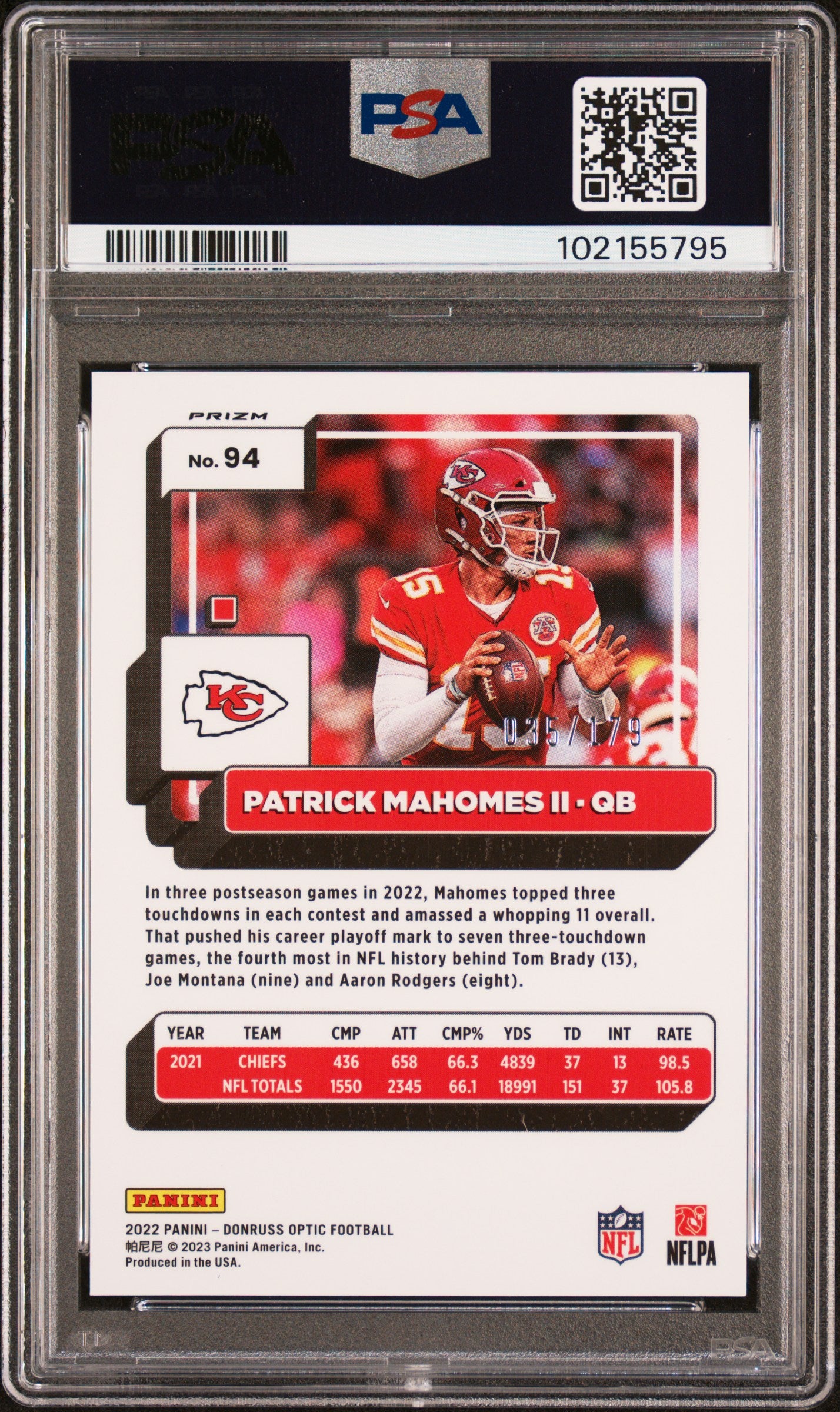 2022 Panini Donruss Optic Patrick Mahomes Ii #94 Blue PSA 10