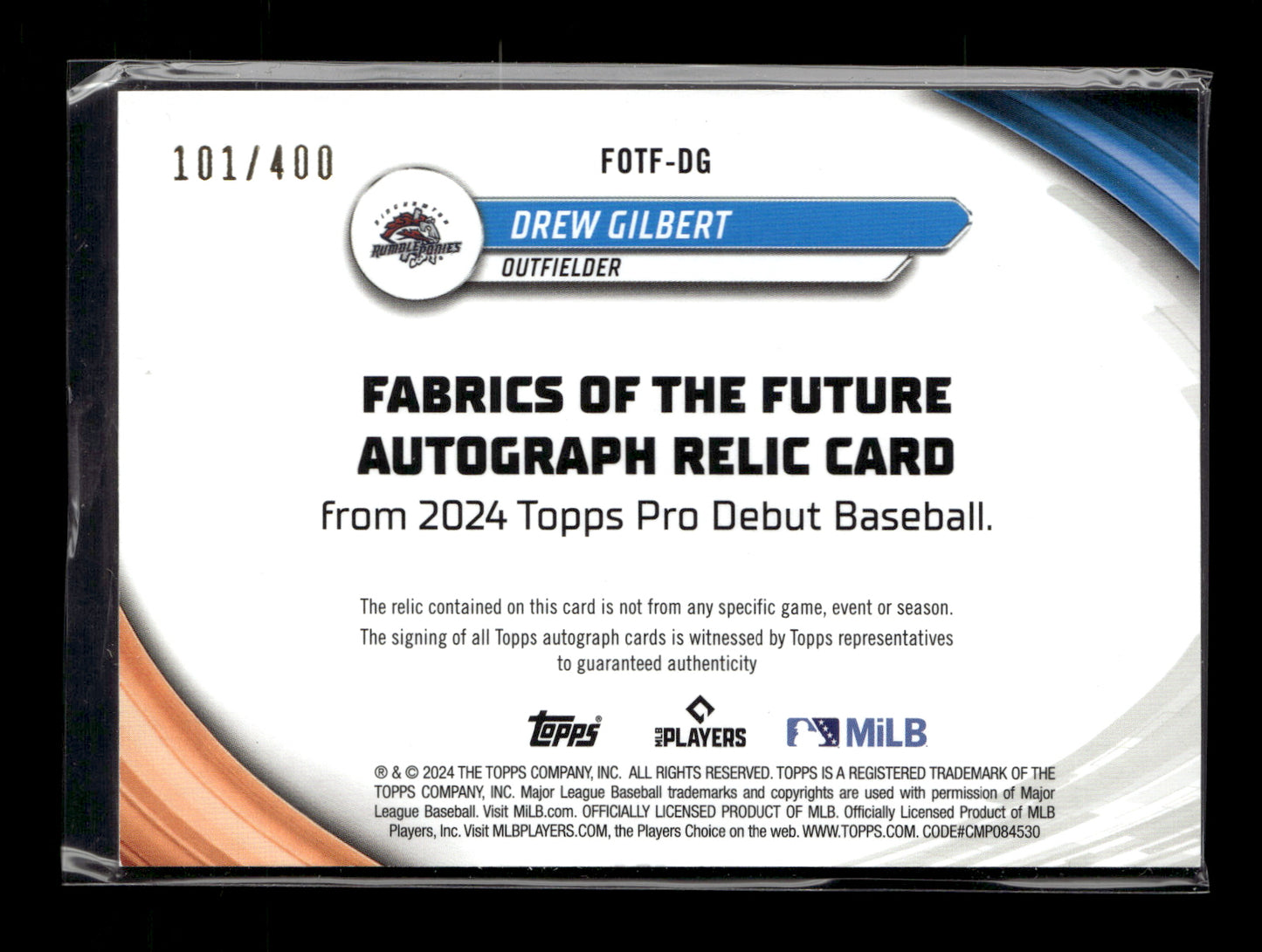 2024 Topps Pro Debut Drew Gilbert #FOTF-DG Fabrics of the Future Autograph Relics #/400 Binghamton Rumble Ponies