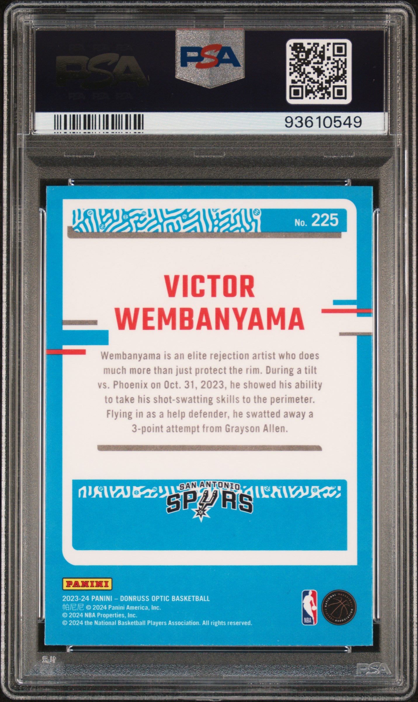 2023 Panini Donruss Optic Victor Wembanyama #225 PSA 10 San Antonio Spurs