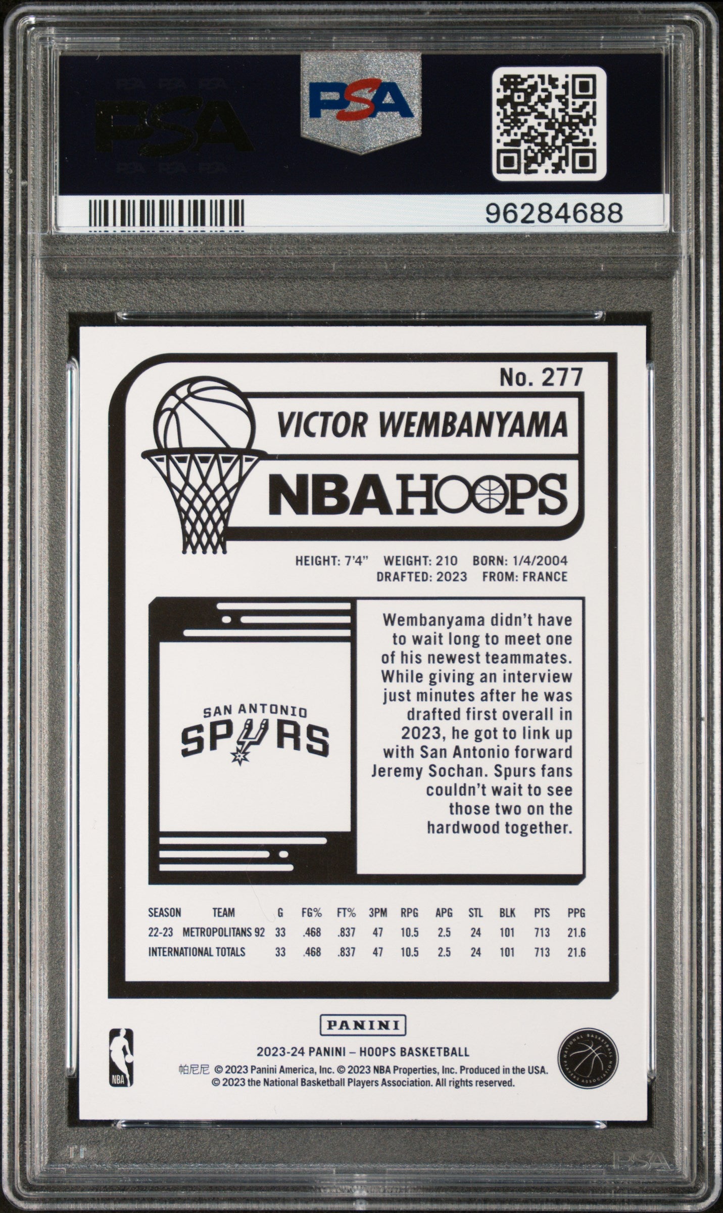 2023 Panini NBA Hoops Victor Wembanyama #277 PSA 10 San Antonio Spurs