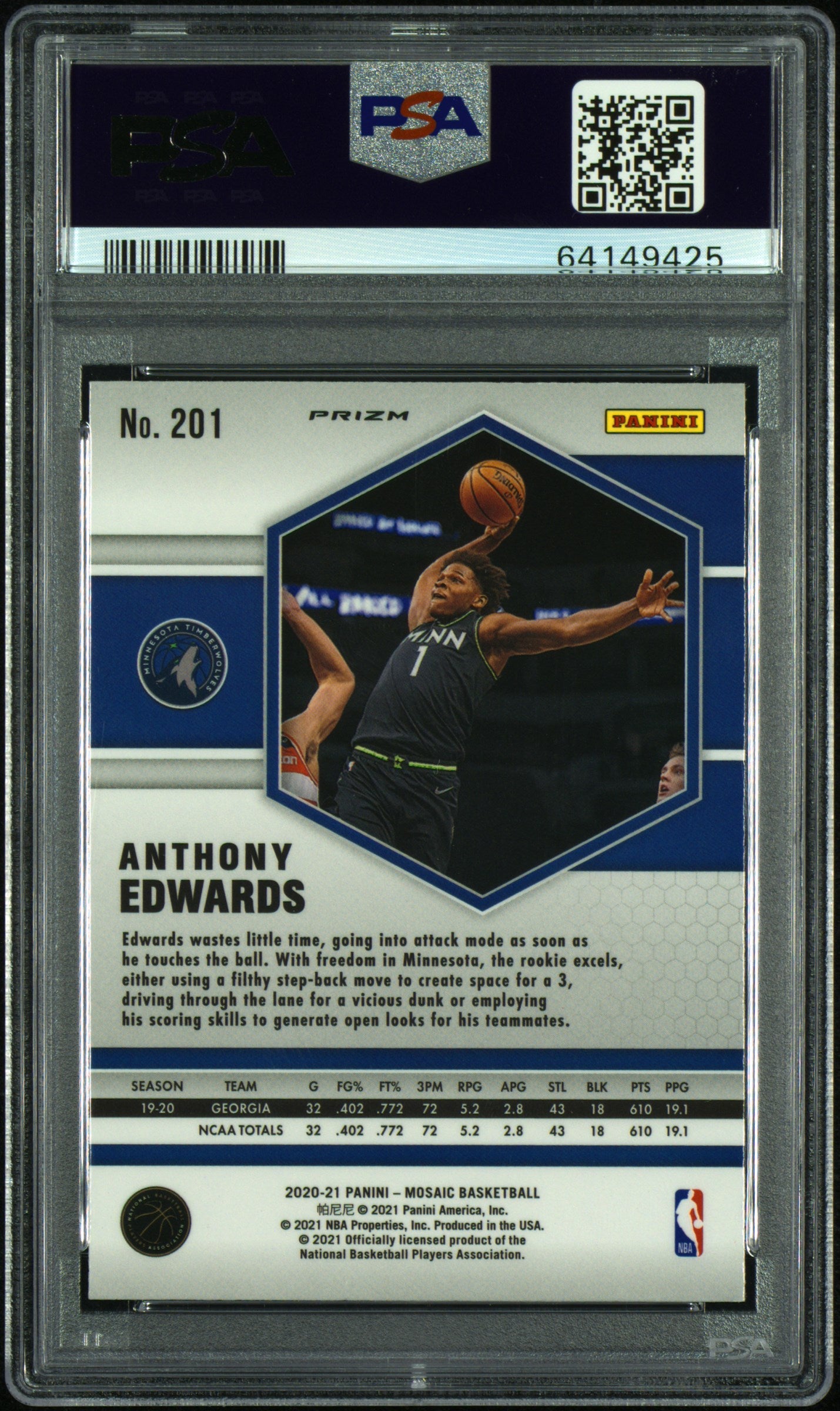 2020 Panini Mosaic Anthony Edwards #201 Green Mosaic PSA 10 Minnesota Timberwolves