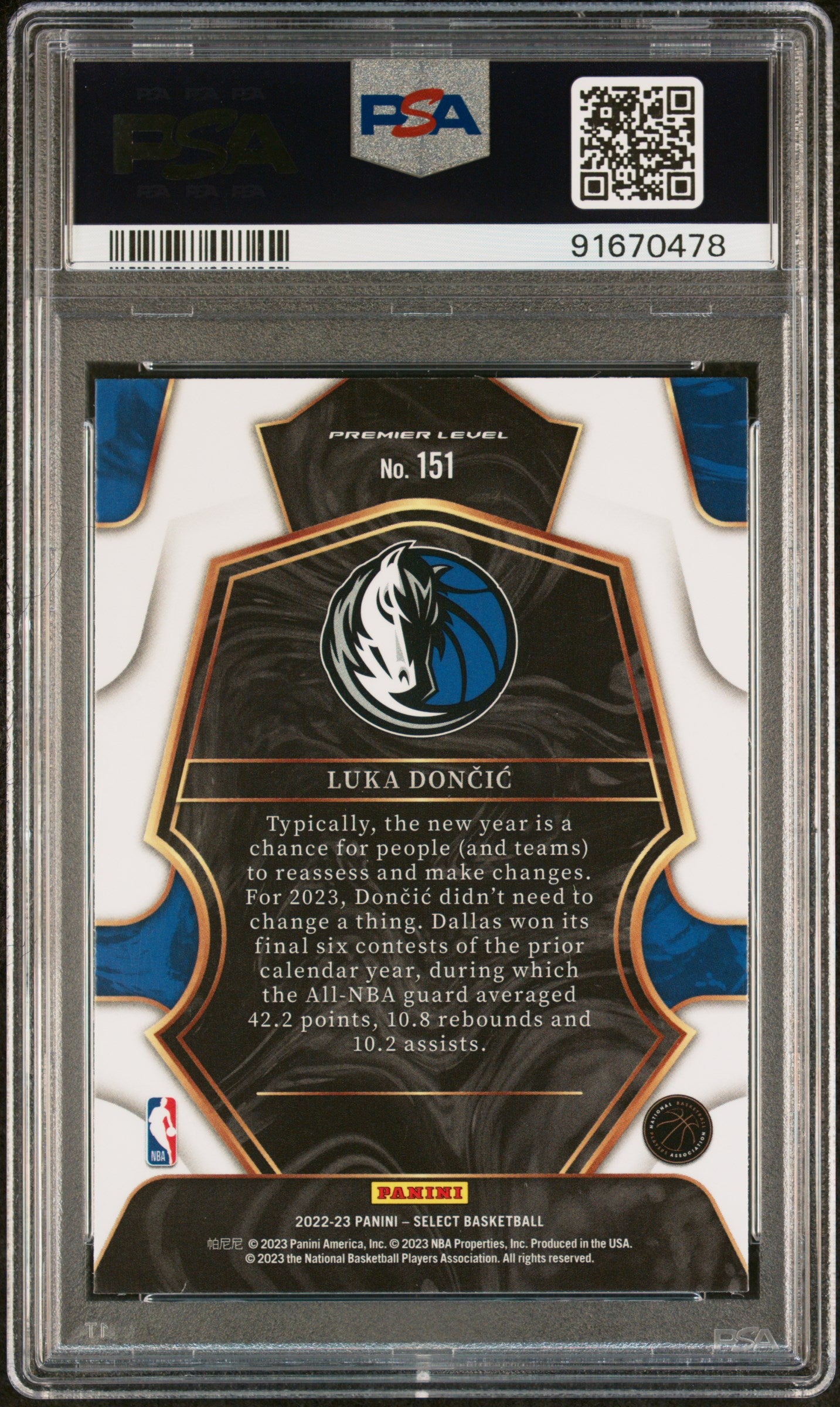 2022 Panini Select Luka Doncic #151 PSA 10 Dallas Mavericks