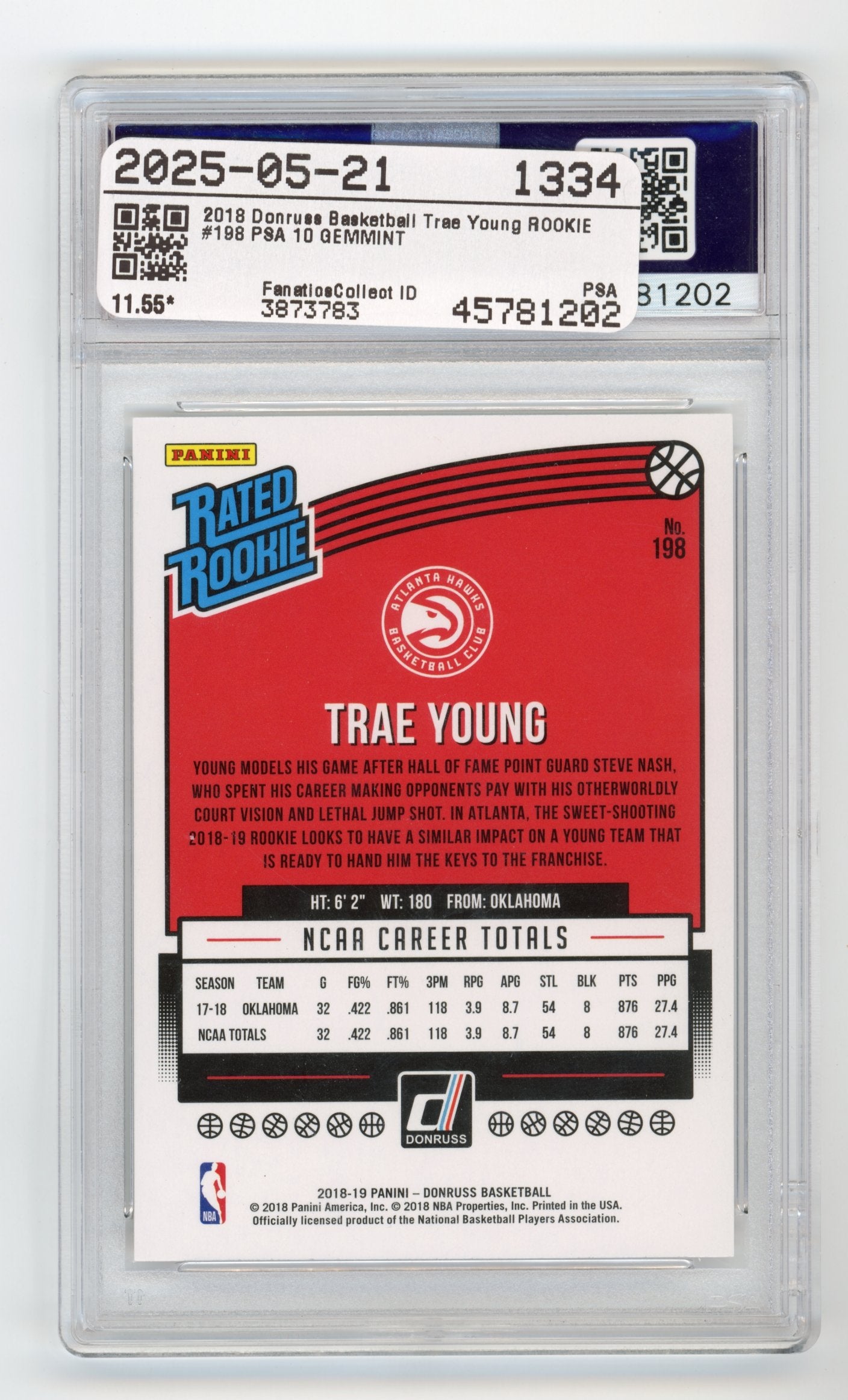2018 Panini Donruss Trae Young #198 PSA 10 Atlanta Hawks